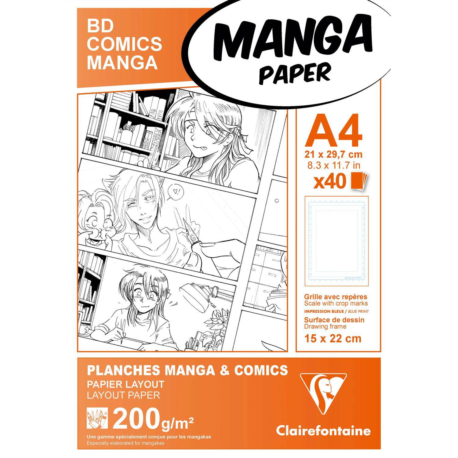 Clairefontaine Papier Manga, Packung/Etui 40 Bl A4 200g, einfachem Raster 94045C