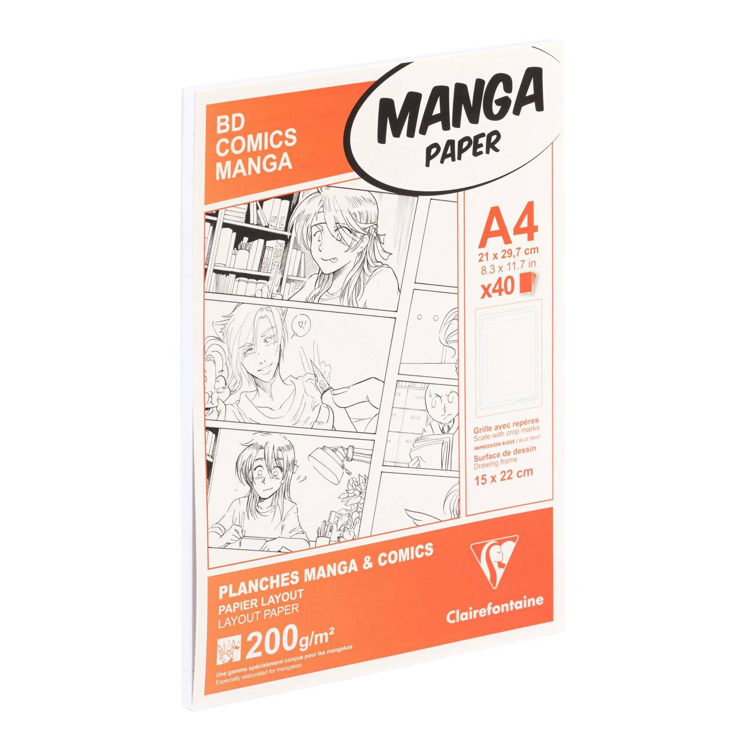 Clairefontaine Papier Manga, Packung/Etui 40 Bl A4 200g, einfachem Raster 94045C