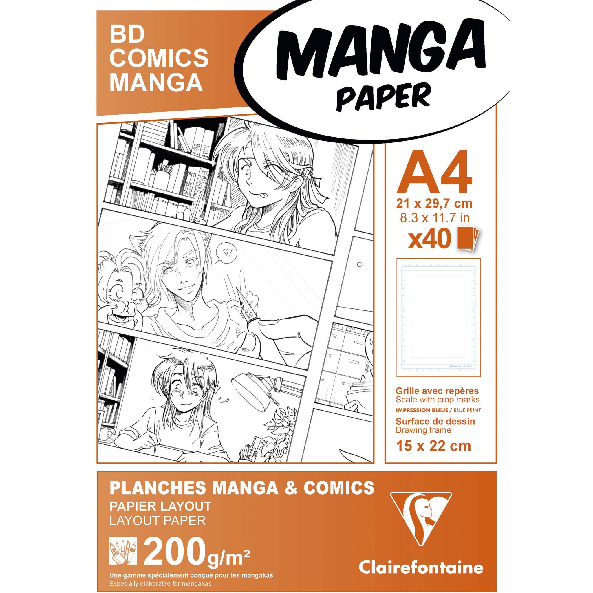 Clairefontaine Papier Manga, Packung/Etui 40 Bl A4 200g, einfachem Raster 94045C