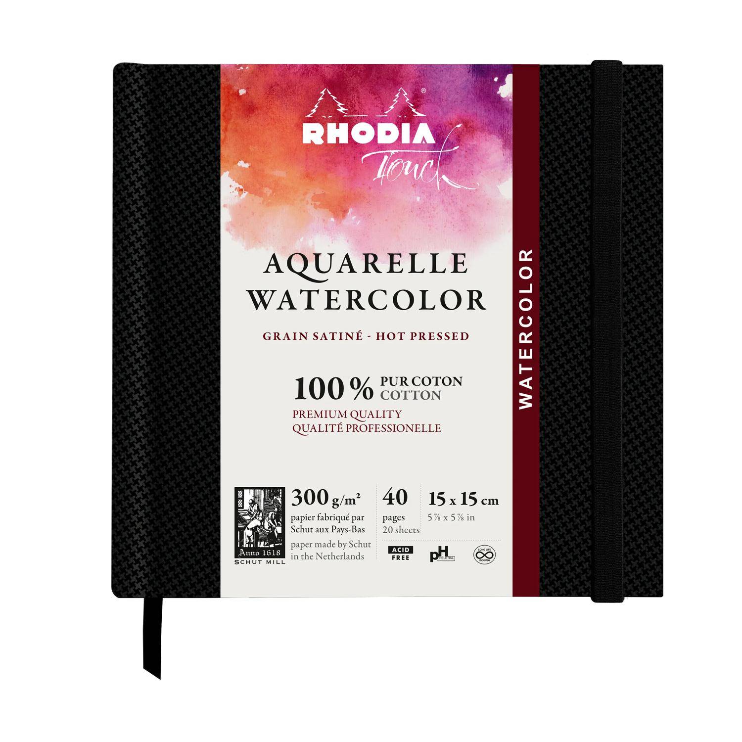 Rhodia Touch, Watercolor Book, 100% Hadern 300g, 20 Bl, 15x15 cm Schwarz 116160C