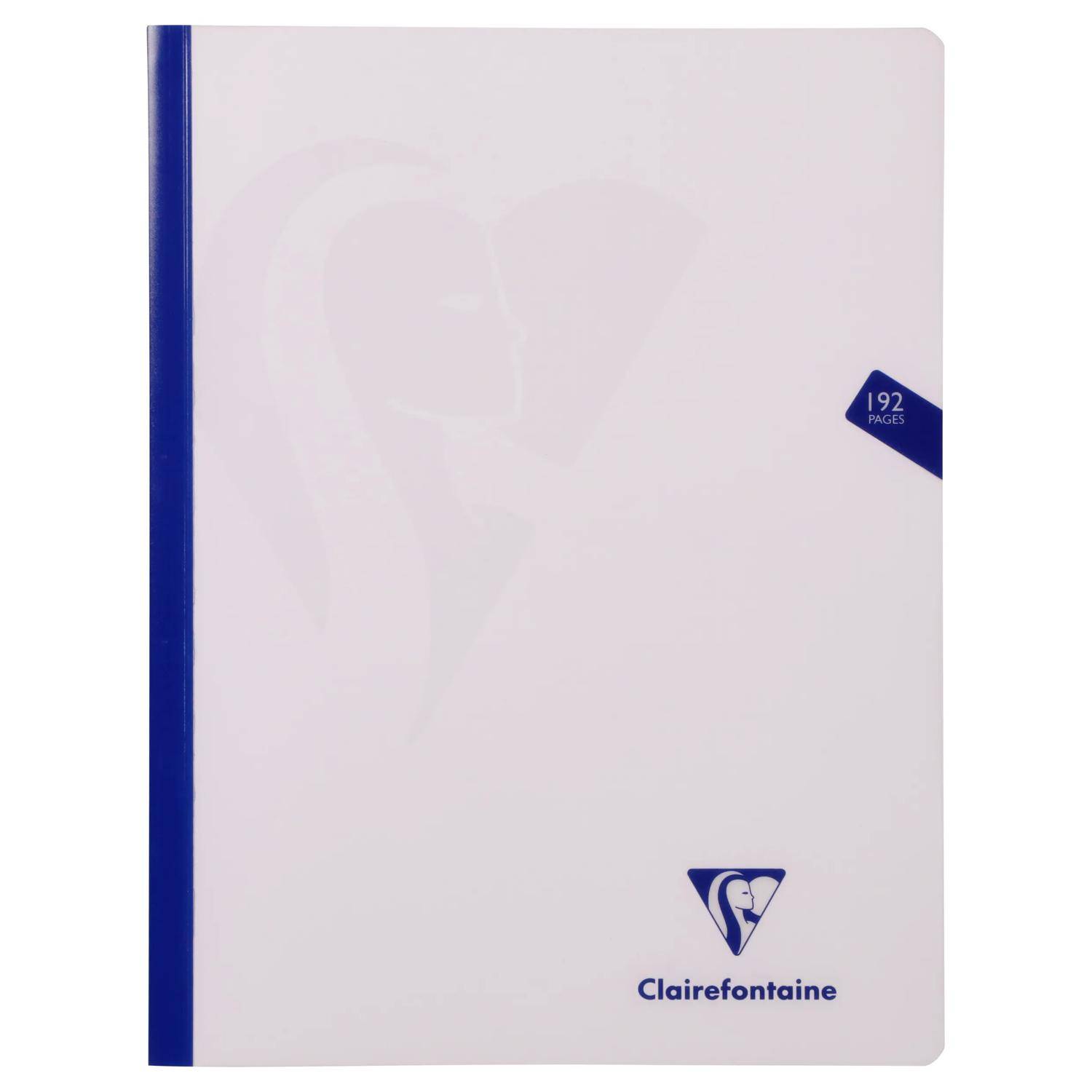 Weißes Clairefontaine-Notizbuch mit blauem Rücken und Logo, mit der Aufschrift „192 Seiten" auf dem Umschlag.