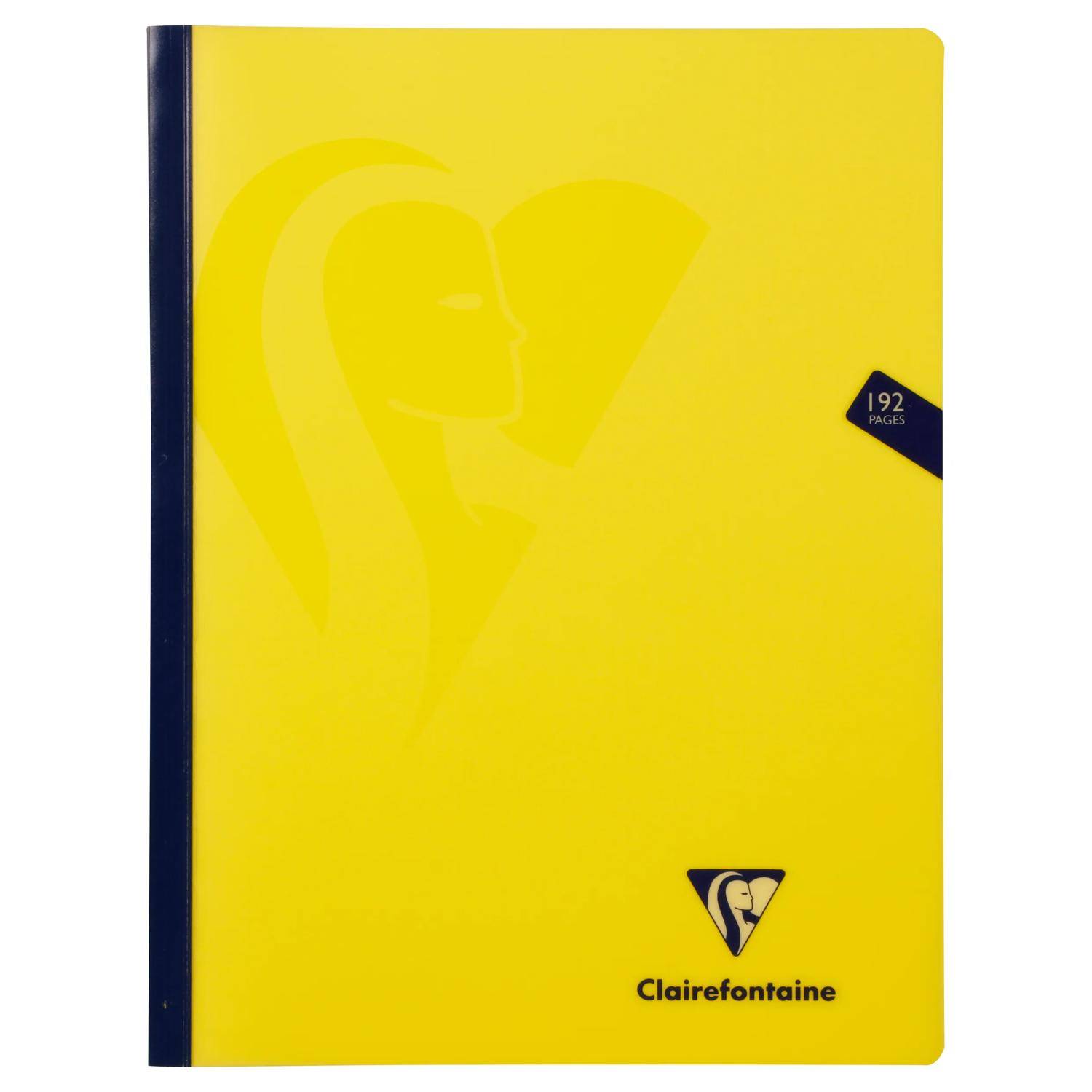Gelbes Clairefontaine-Notizbuch mit dunkelbauem Rücken, Schwanen-Logo und kleinem Etikett mit der Aufschrift „192 Seiten".