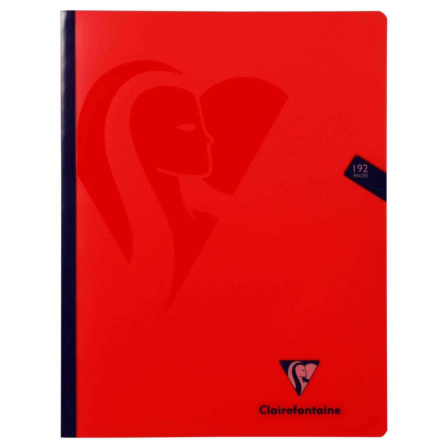 Rotes Clairefontaine Notizbuch mit dunkelblauem Rücken, geprägte Gesichtssilhouette und ein kleines Etikett mit der Aufschrift „192 SEITEN".