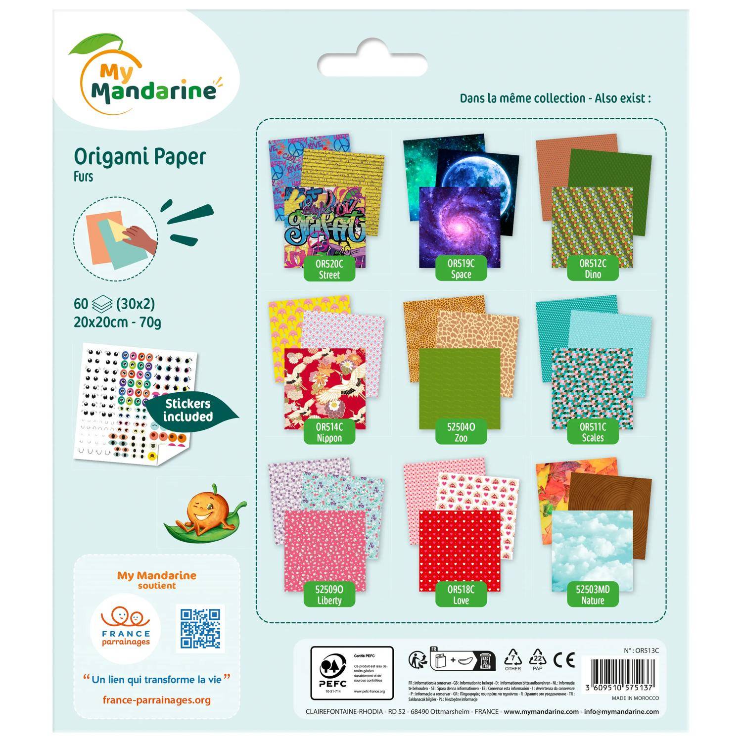 Avenue Mandarine 3x Origami Paper, Furs, 60 Bl 20x20 cm, 70g Mehrfarbig OR513C