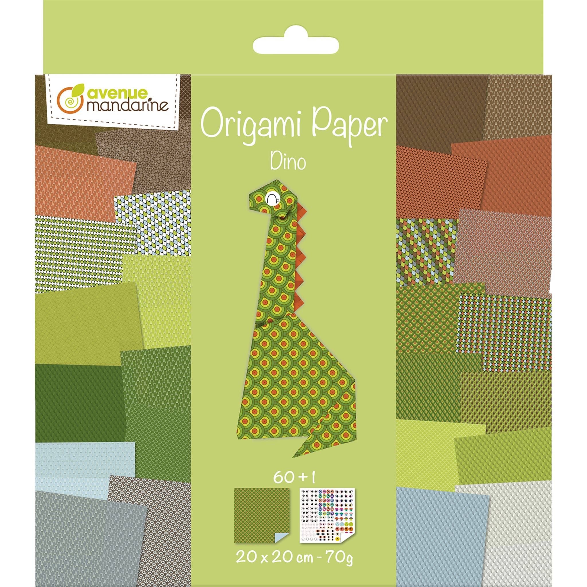 Avenue Mandarine 3x Origami Paper, Dino, 60 Bl 20x20 cm, 70g Mehrfarbig OR512C