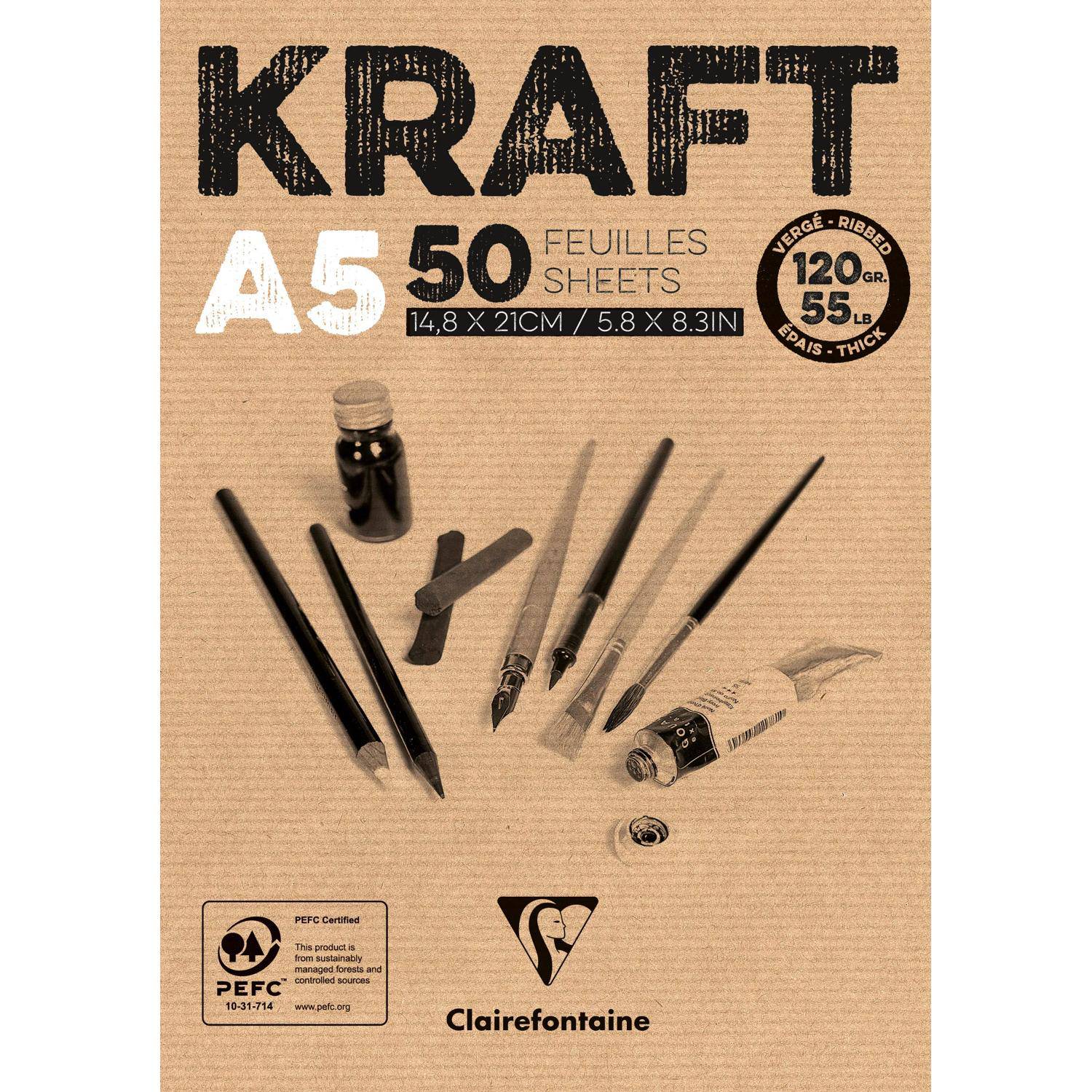 Clairefontaine 5x Block Kraftpapier, geleimt, 100 Blatt A5 120g 975814C