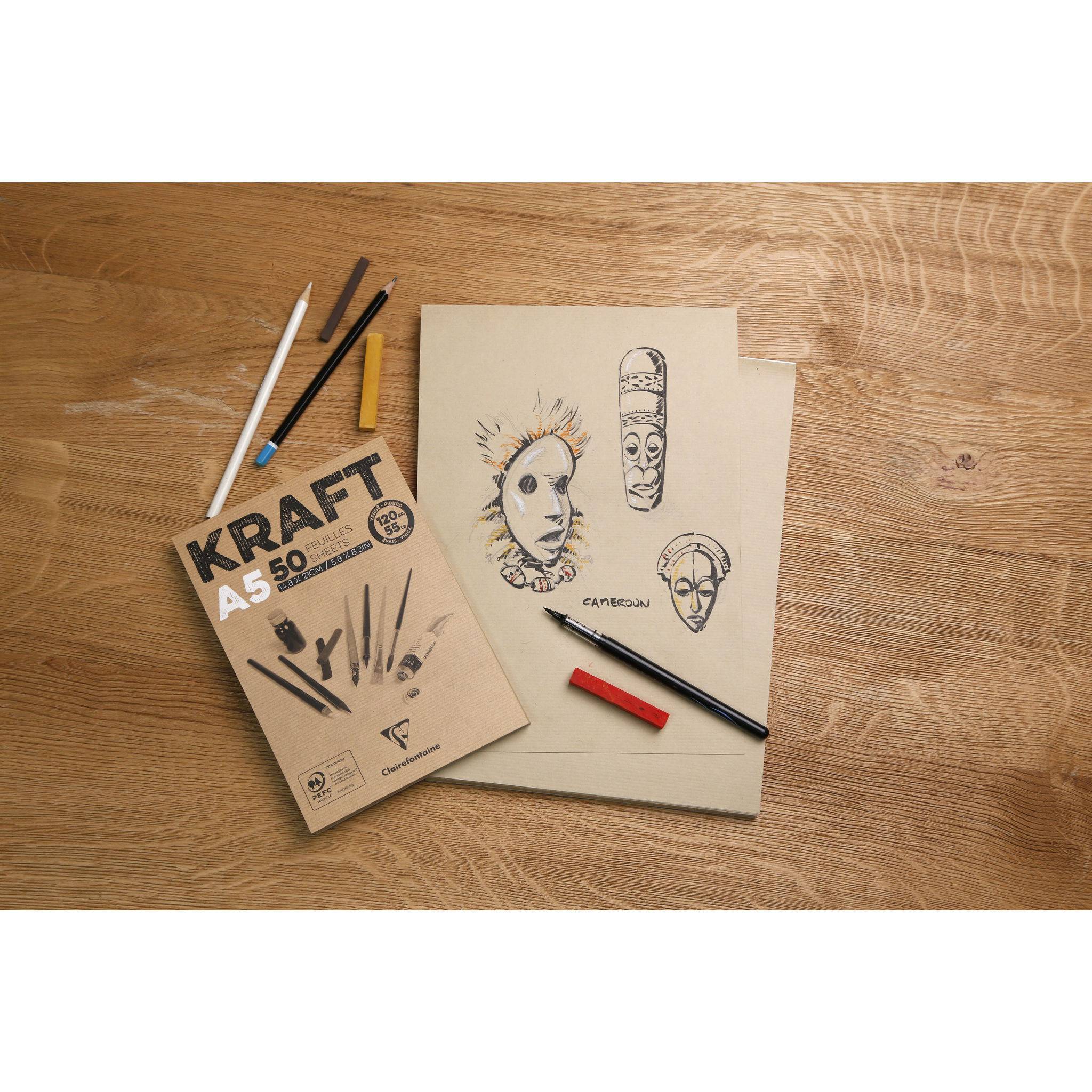 Clairefontaine 5x Block Kraftpapier, geleimt, 100 Blatt A5 120g 975814C