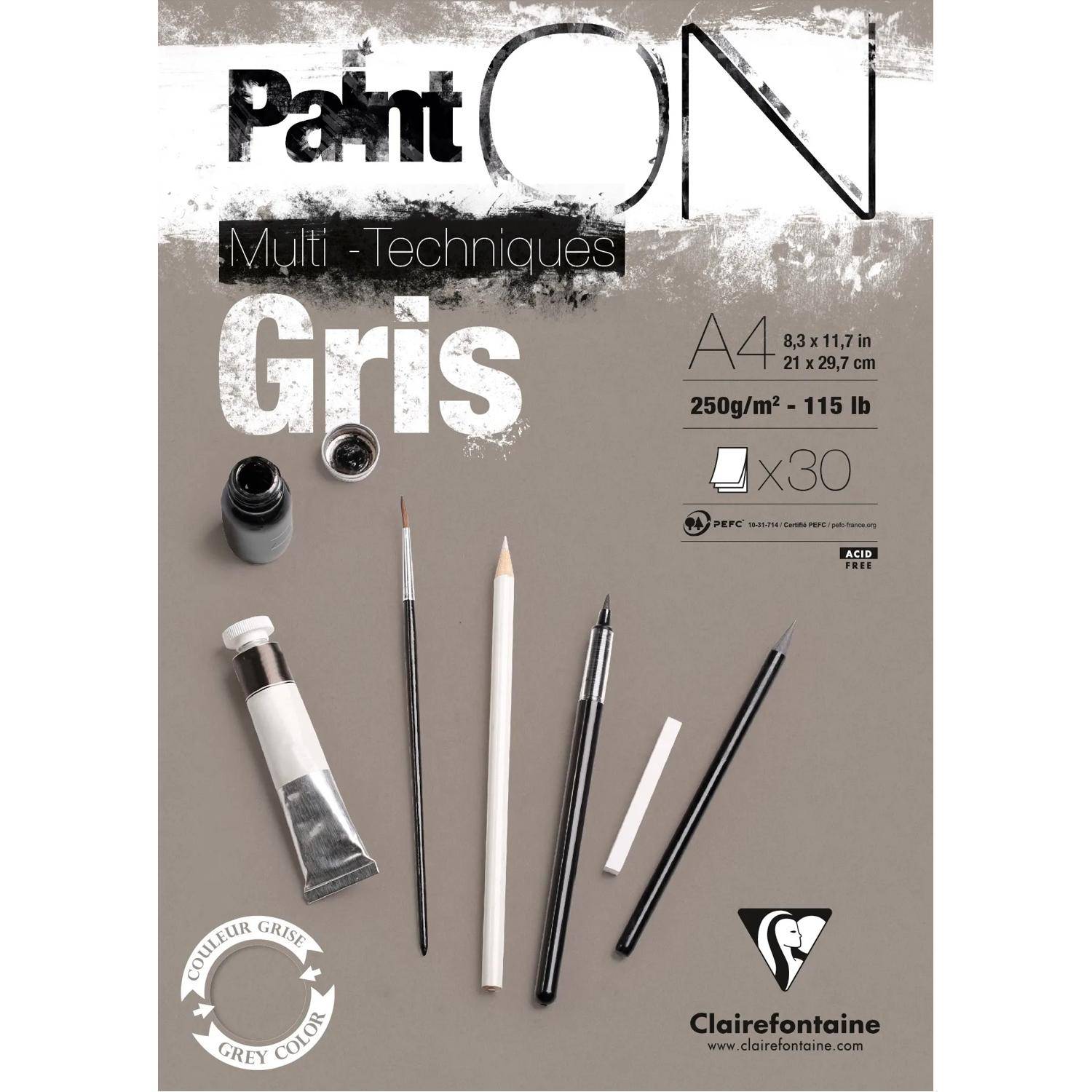 Clairefontaine 4x PaintON Gris Block A4 kopfseitig geleimt 30 Blatt grau 975809C