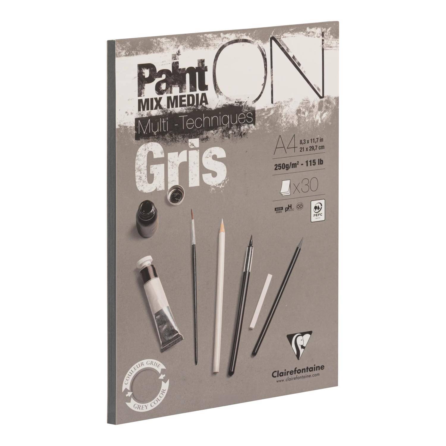 Clairefontaine 4x PaintON Gris Block A4 kopfseitig geleimt 30 Blatt grau 975809C
