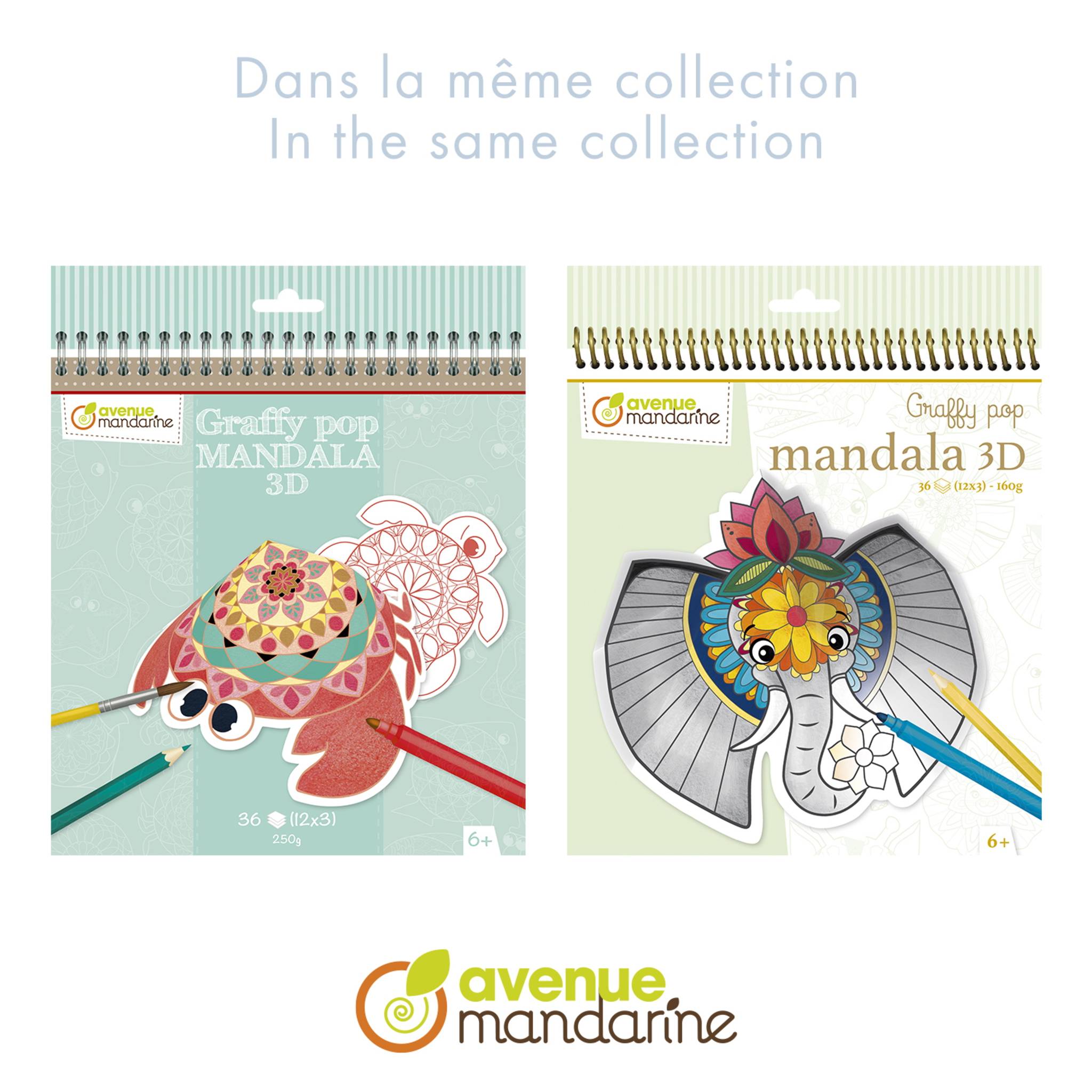 Zwei Avenue Mandarine Graffy Pop Mandala 3D-Spiralmal­bücher sind nebeneinander abgebildet, eines mit einem bunten Krebs und eines mit einem Elefanten.