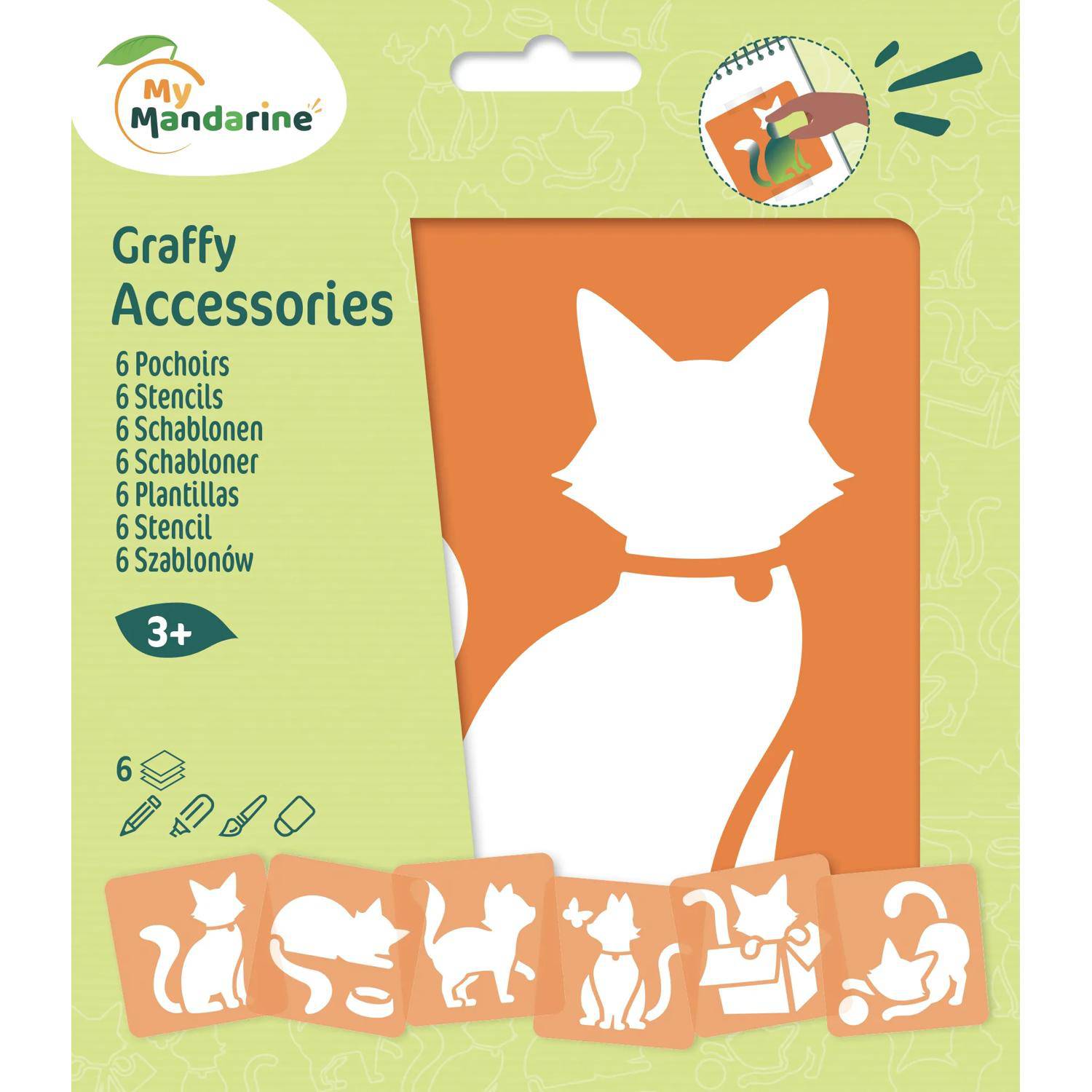 Avenue Mandarine 3x 6-teiliges Schablonenset für Kinder, Katzen - Orange PO009C