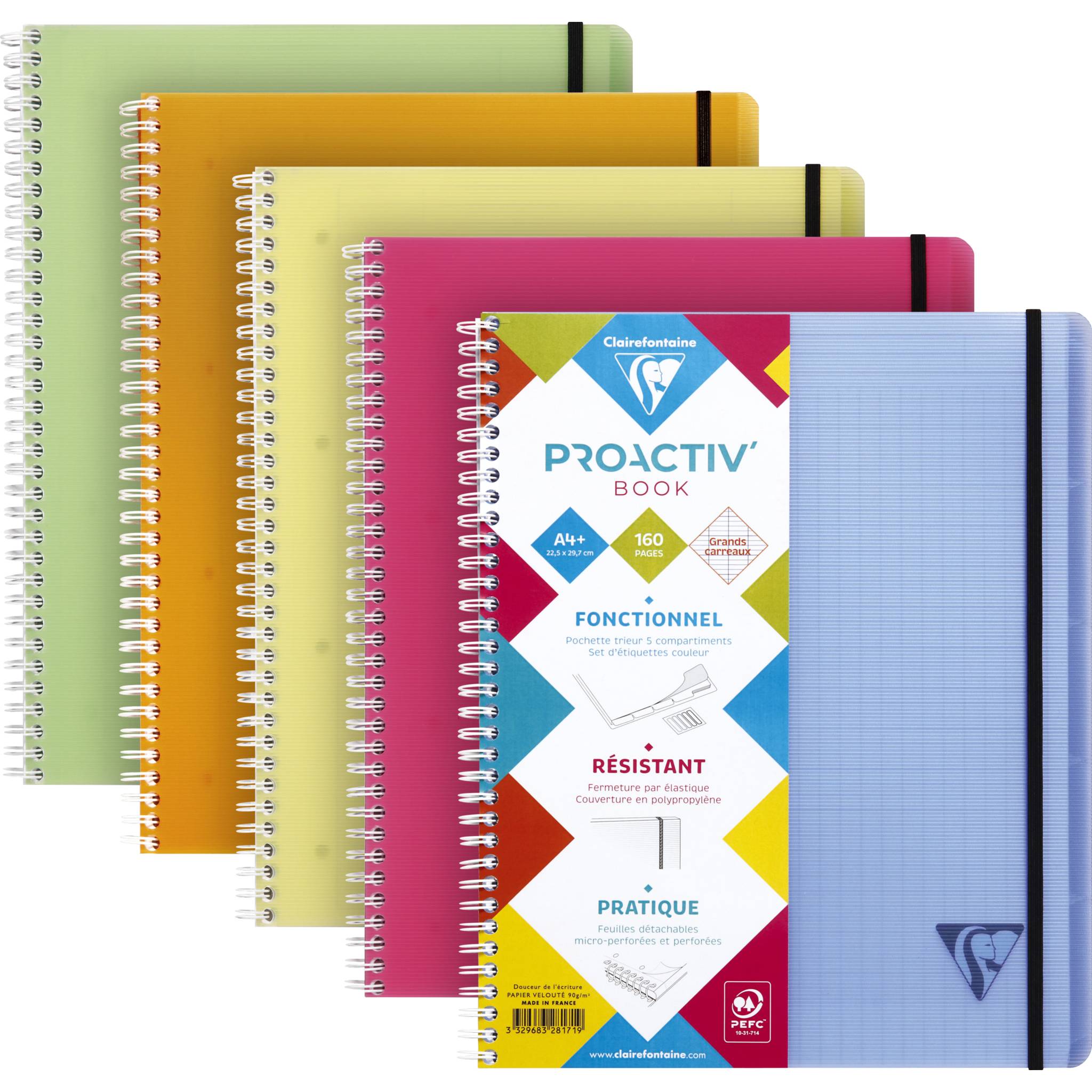Clairefontaine 5x PROACTIV'BooK A4+ 80Bl FR-Lin+Kopfl - Sortiert 328171C