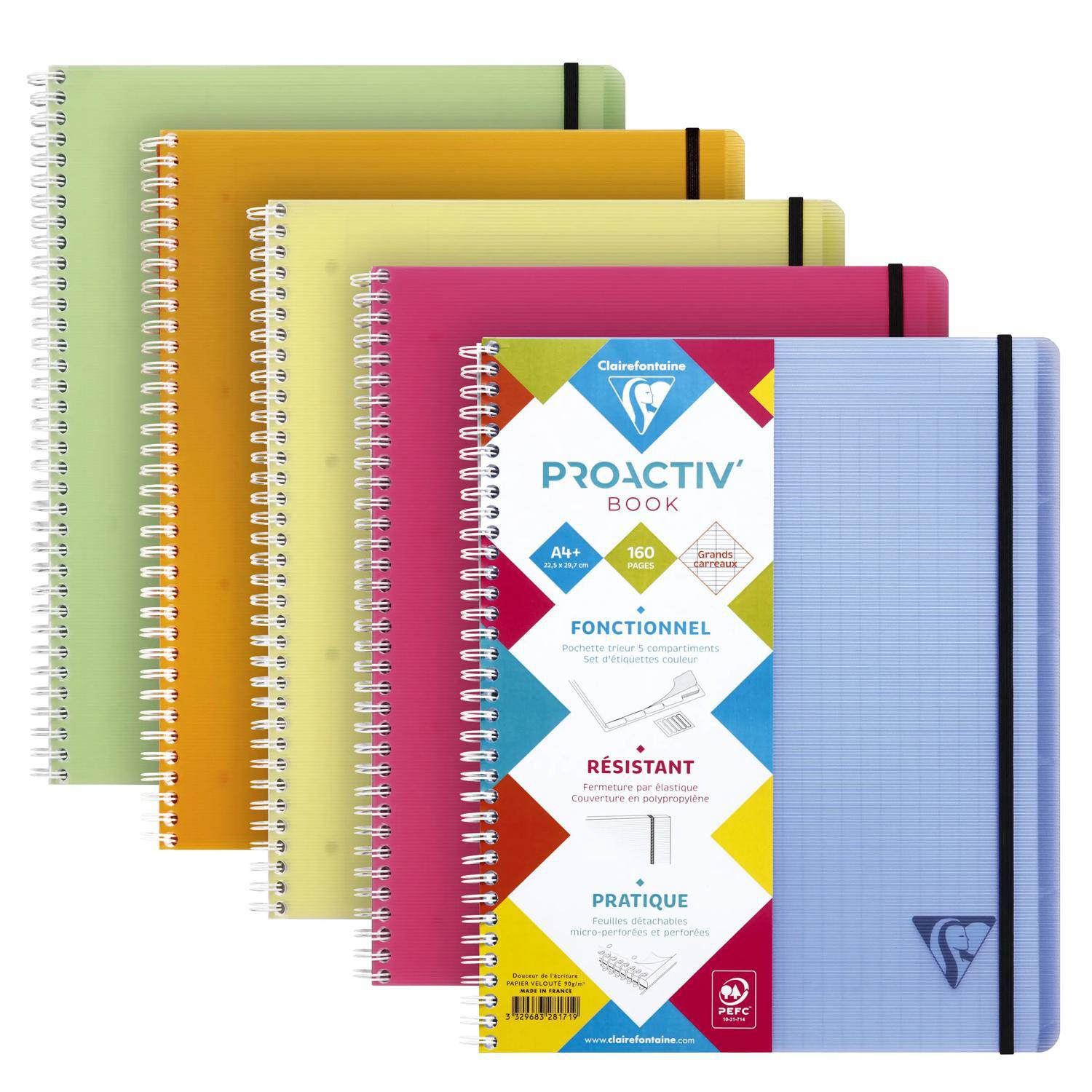 Clairefontaine 5x PROACTIV'BooK A4+ 80Bl FR-Lin+Kopfl - Sortiert 328171C