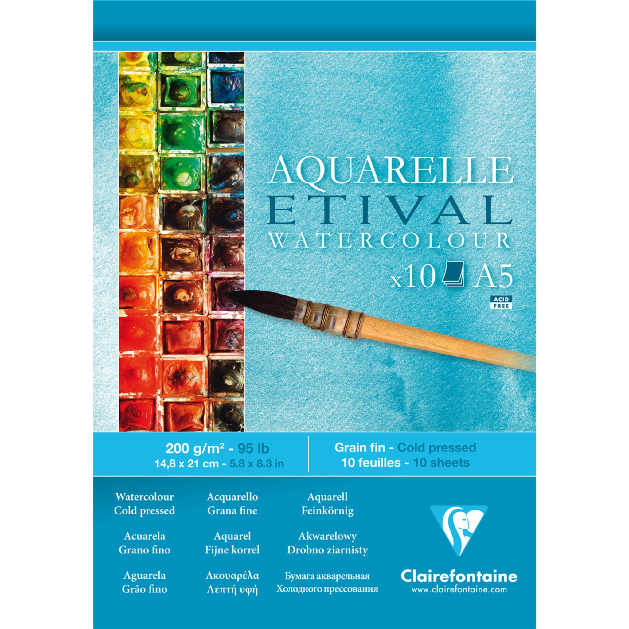 Clairefontaine 5x Etival Aquarellpapier feinkörnig, Block A5 10 Blatt 96301C