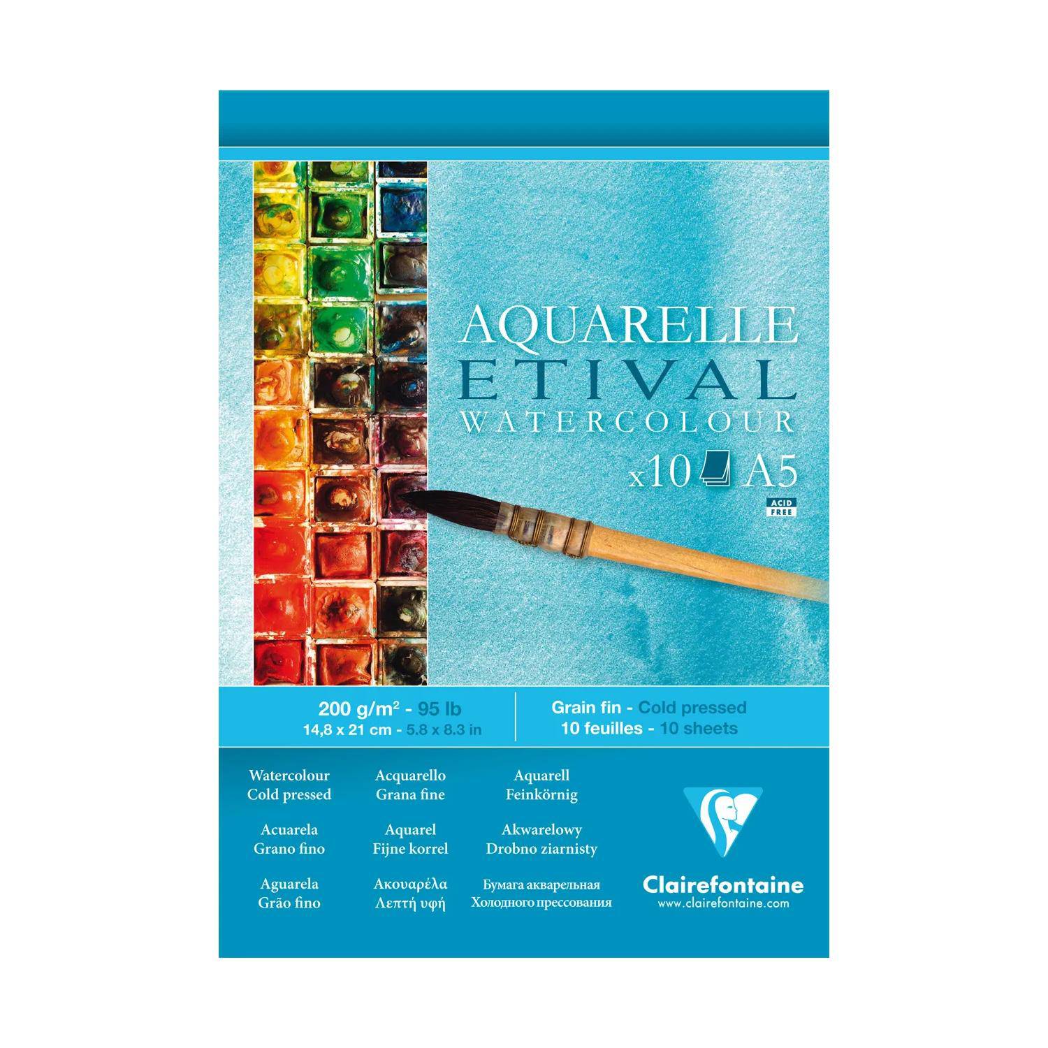Clairefontaine 5x Etival Aquarellpapier feinkörnig, Block A5 10 Blatt 96301C
