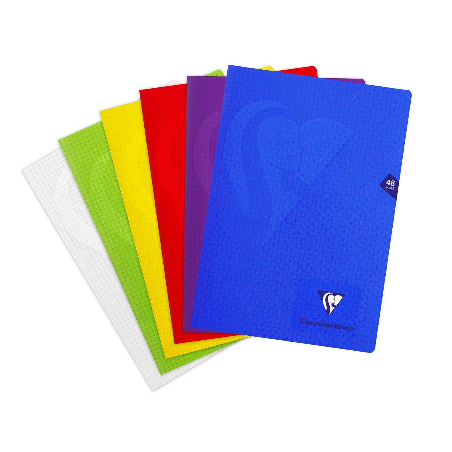 Stapel farbenfroher Clairefontaine-Notizbücher oder -Ordner, fächerartig auf weißem Hintergrund ausgebreitet, mit blauen, violetten, roten, gelben, grünen und weißen Umschlägen.