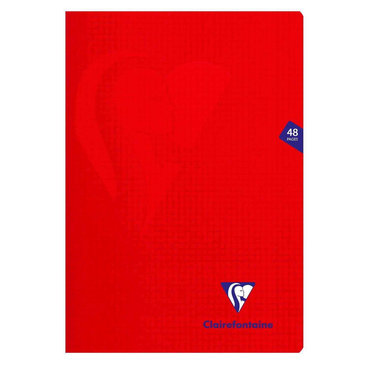 Rotes Clairefontaine Notizbuch mit einem kleinen Etikett „48 Seiten" und dem Clairefontaine-Logo am unteren Rand.