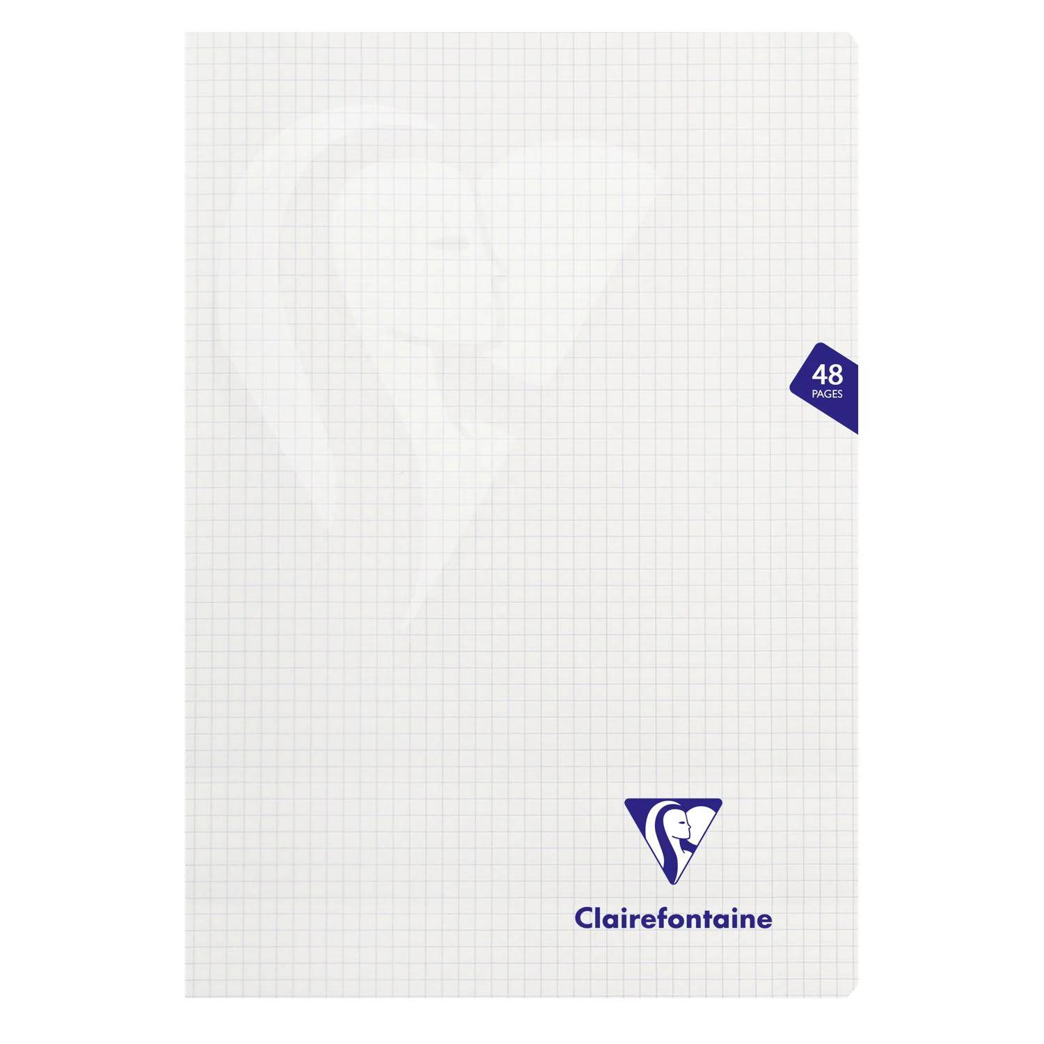 Einfacher weißer Clairefontaine Notizbucheinband mit feinem Rastermuster, Logo unten und einem violetten Abzeichen mit der Aufschrift „48 Seiten" auf der rechten Seite.
