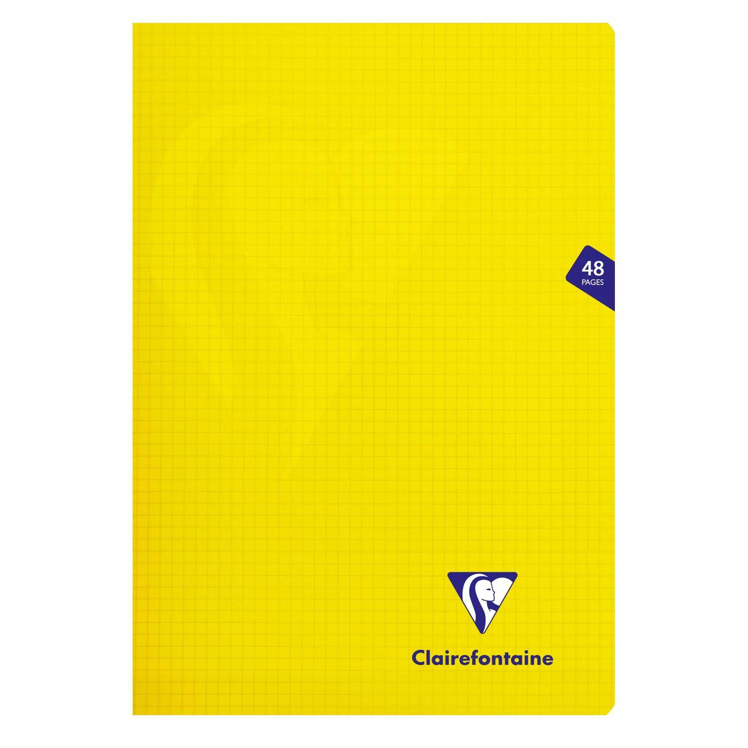 Gelber Clairefontaine Notizbuchdeckel mit 48-Seiten-Badge und Logo am unteren Ende.