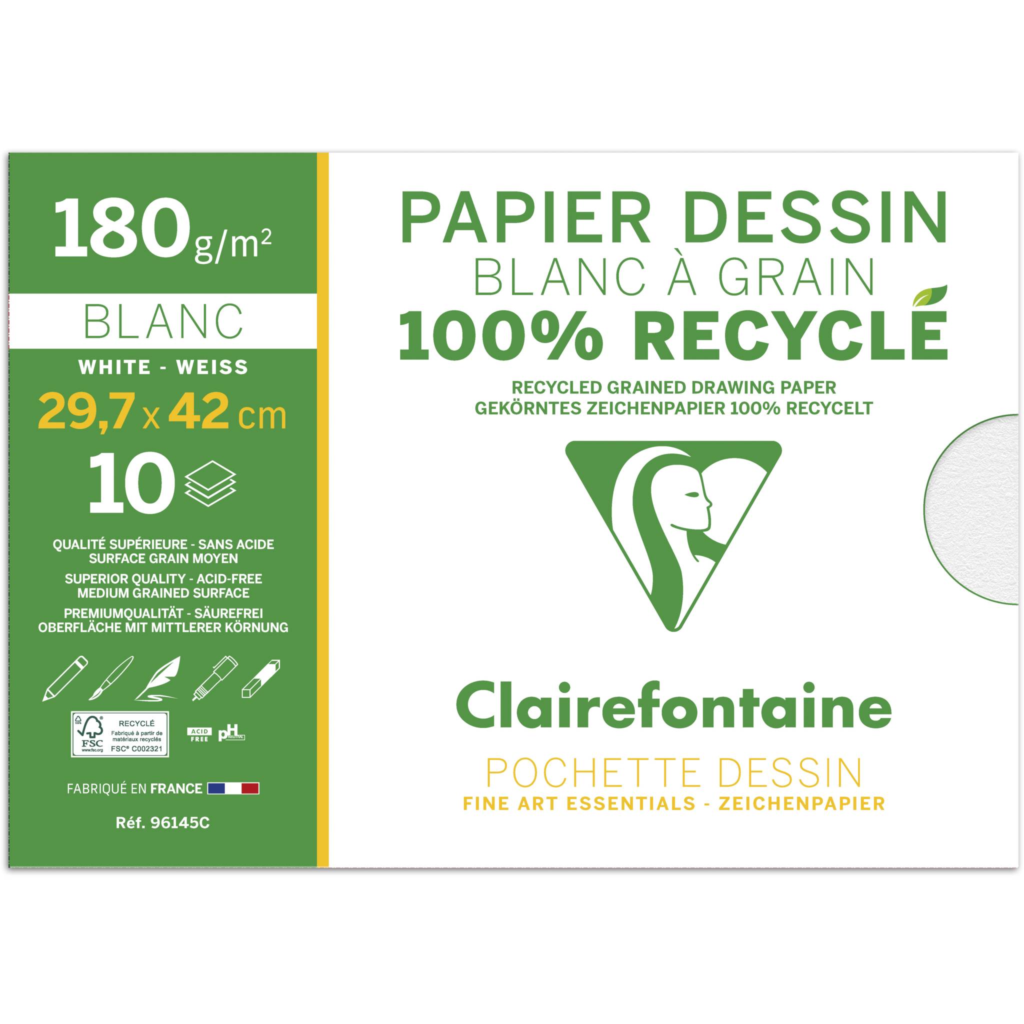 Clairefontaine 10x 100% recyc. Zeichenpapier Mappe 12 Blatt A3 weiß 96145C