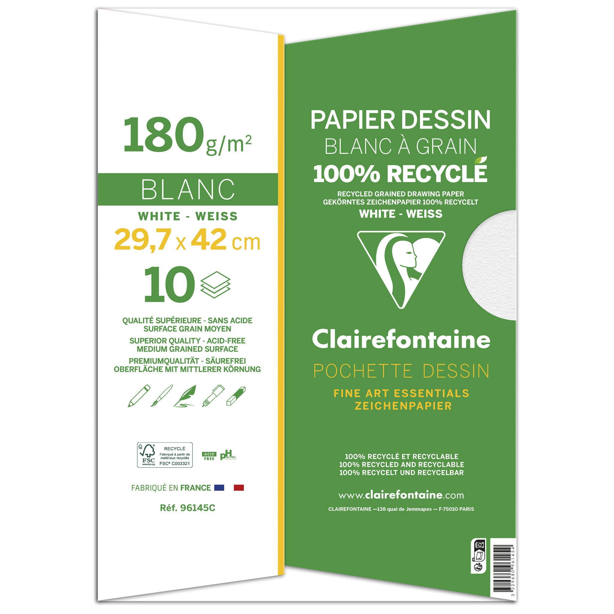 Clairefontaine 10x 100% recyc. Zeichenpapier Mappe 12 Blatt A3 weiß 96145C