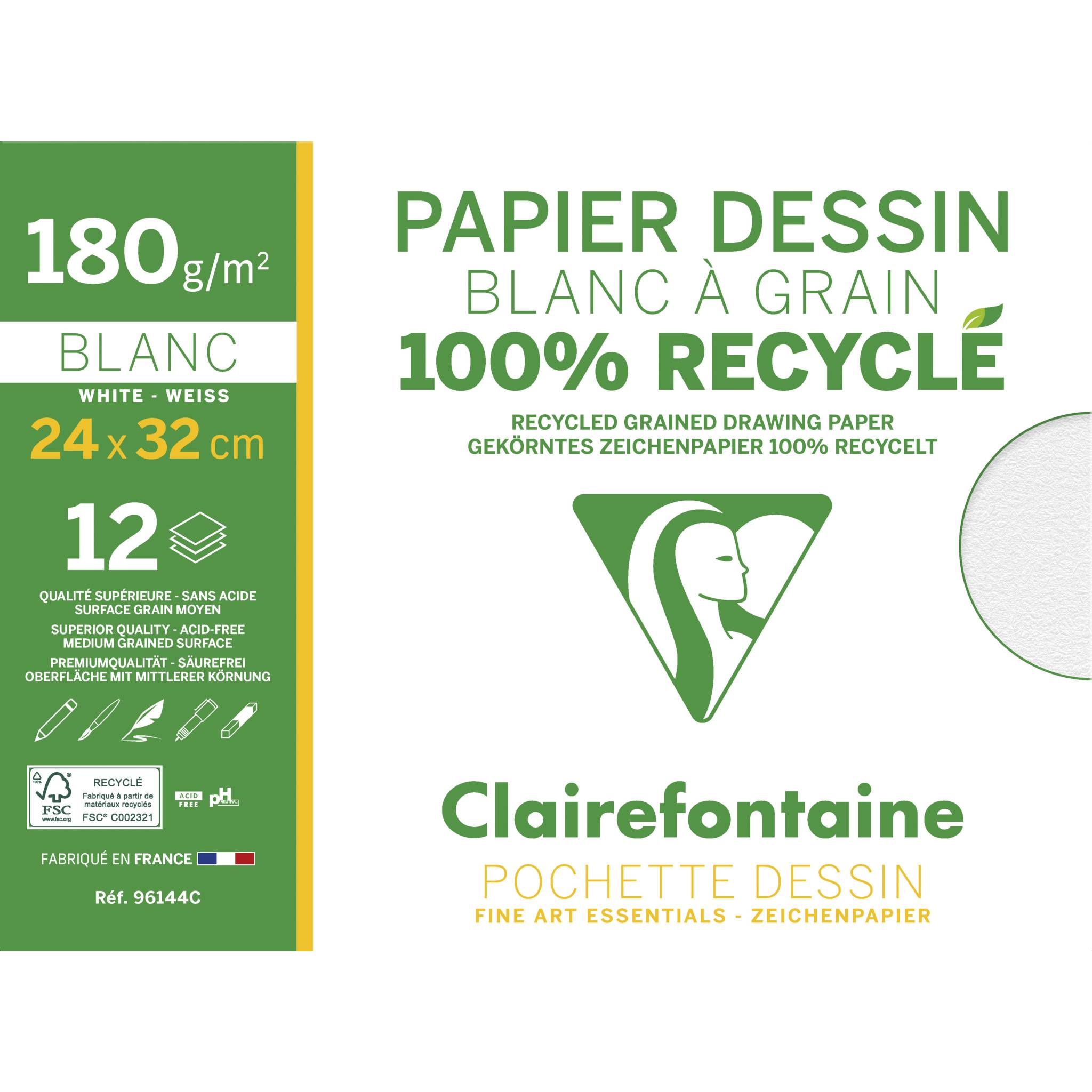 Clairefontaine 10x 100% recyc. Zeichenpapier Mappe 12 Blatt 24x32cm weiß 96144C