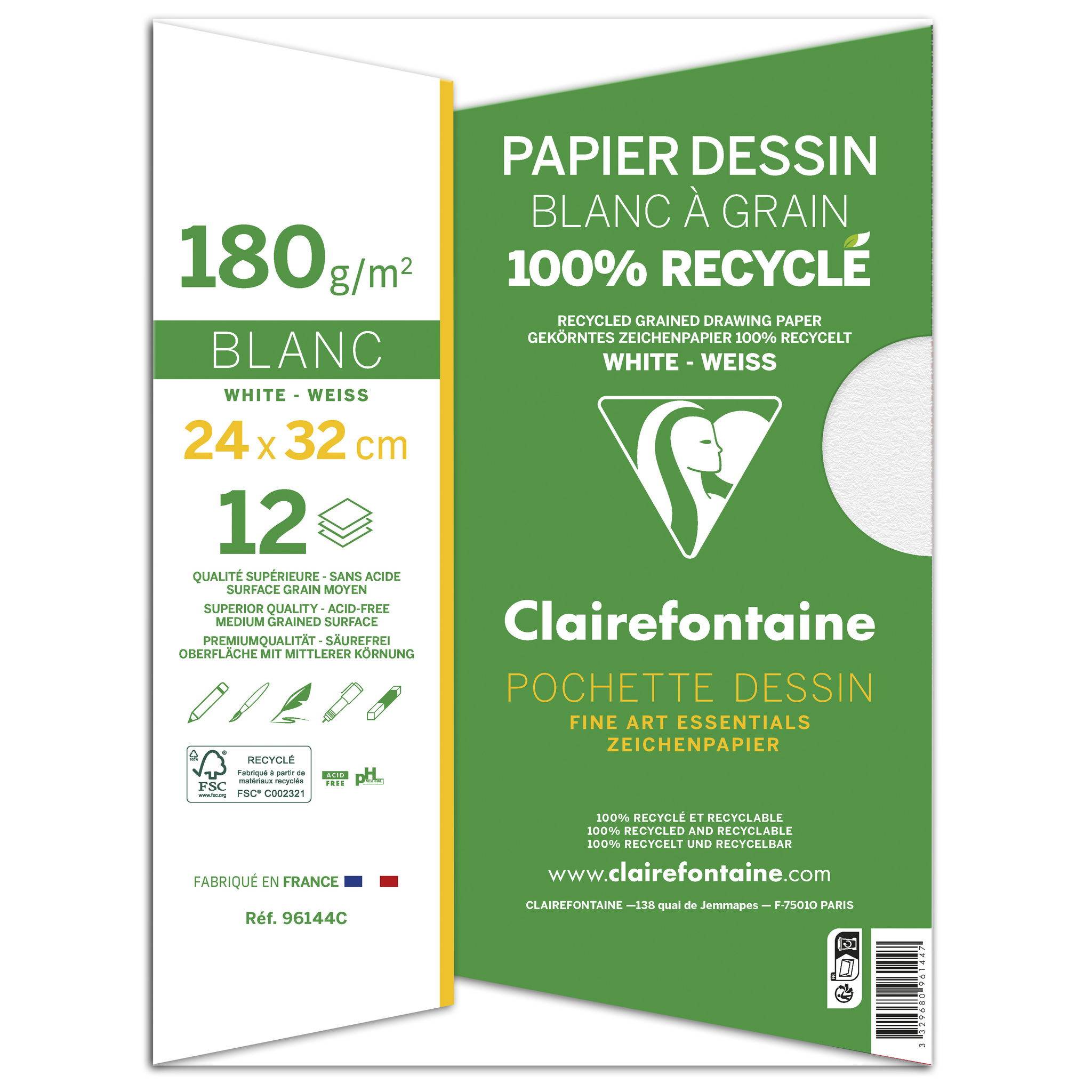 Clairefontaine 10x 100% recyc. Zeichenpapier Mappe 12 Blatt 24x32cm weiß 96144C