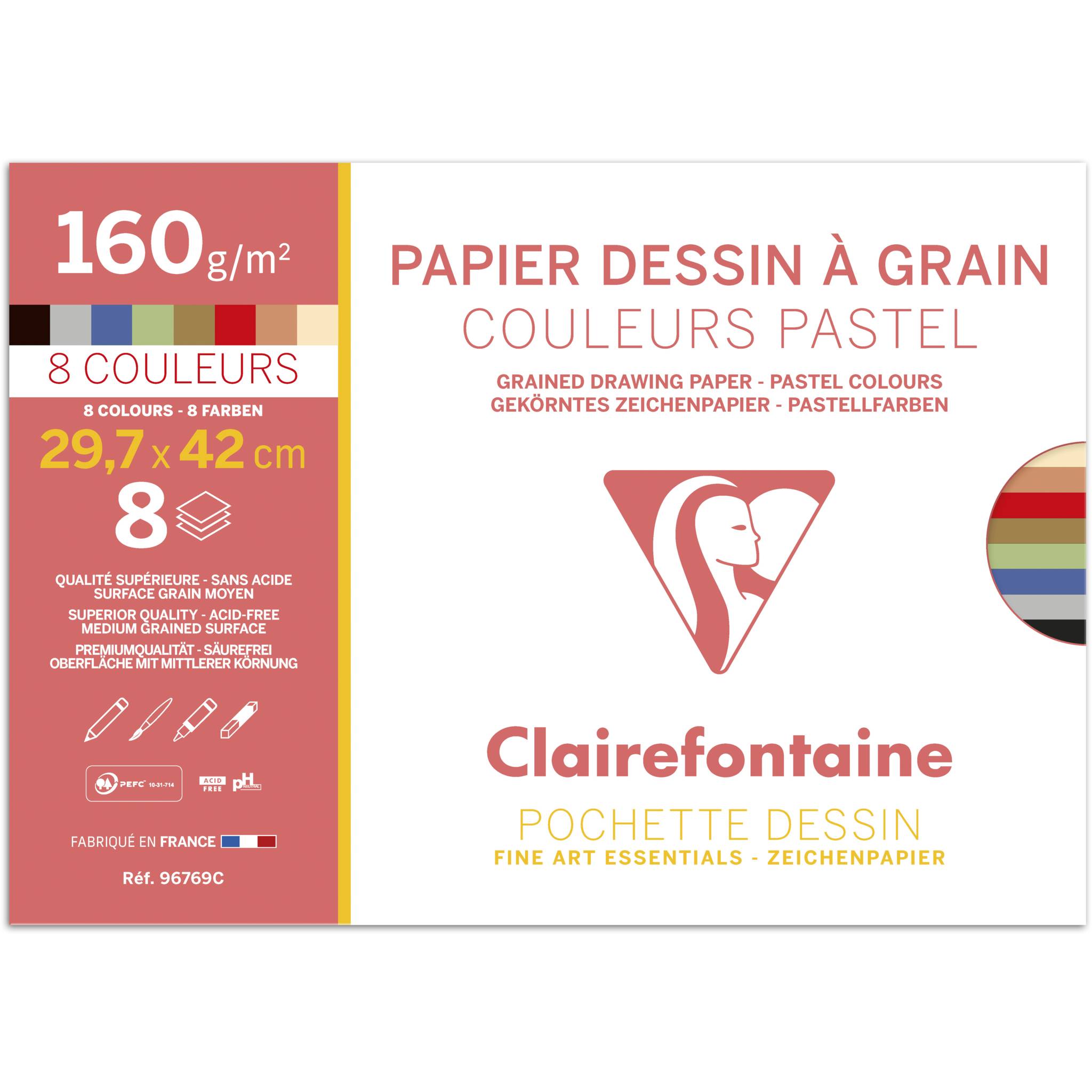 Clairefontaine 10x Zeichenpapier, 8 Bl A3 160g Pastellfarben sortiert 96769C