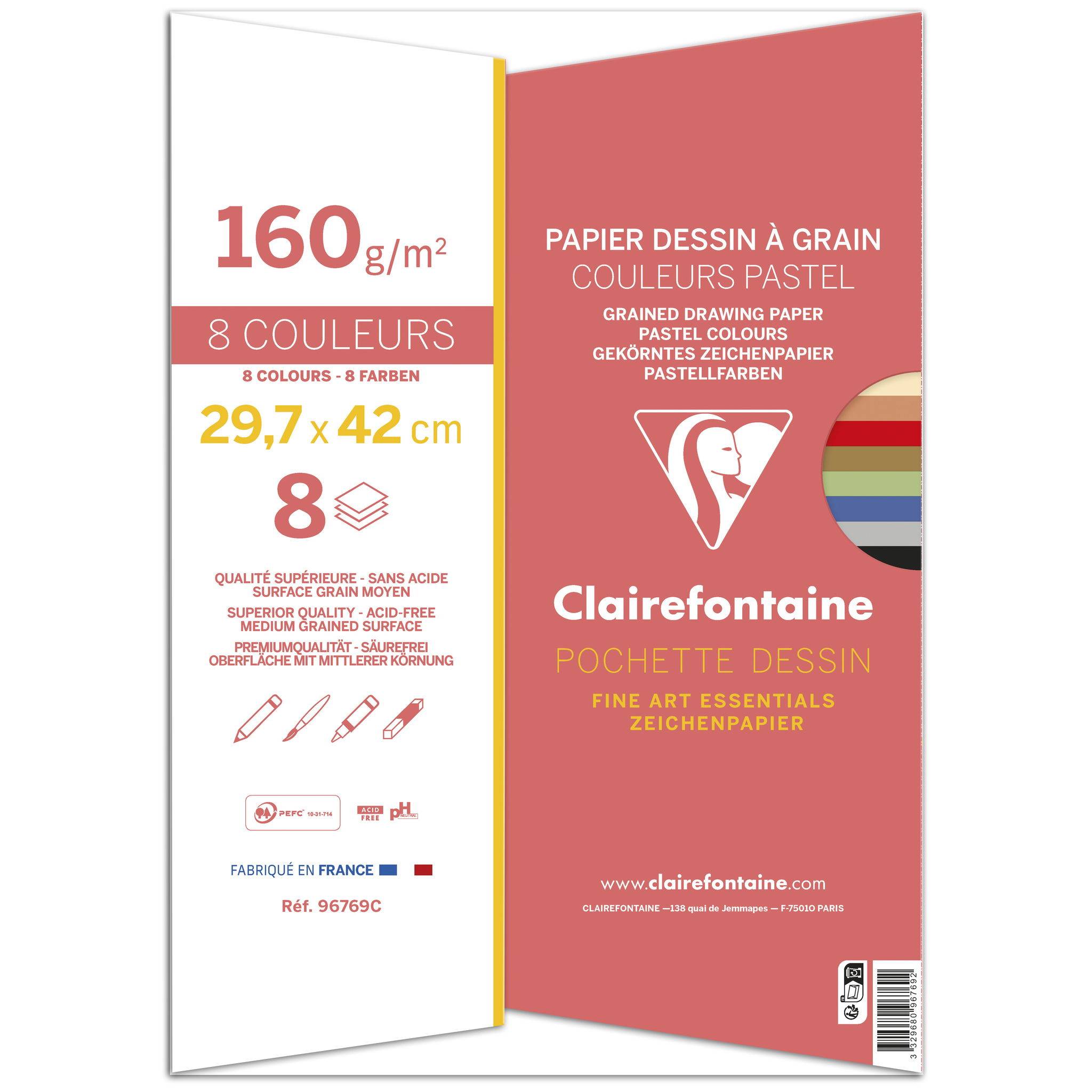 Clairefontaine 10x Zeichenpapier, 8 Bl A3 160g Pastellfarben sortiert 96769C