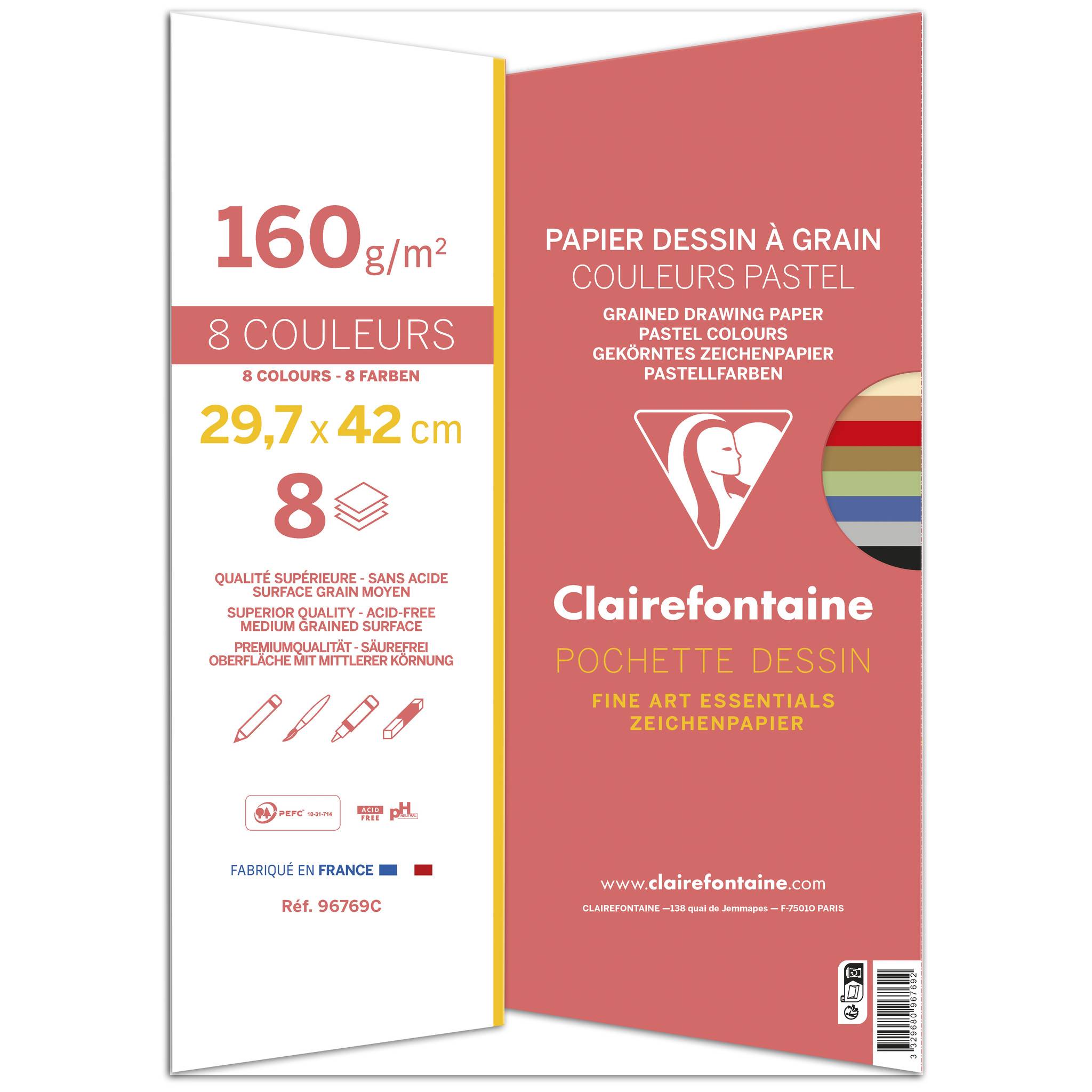 Clairefontaine 10x Zeichenpapier, 8 Bl A3 160g Pastellfarben sortiert 96769C