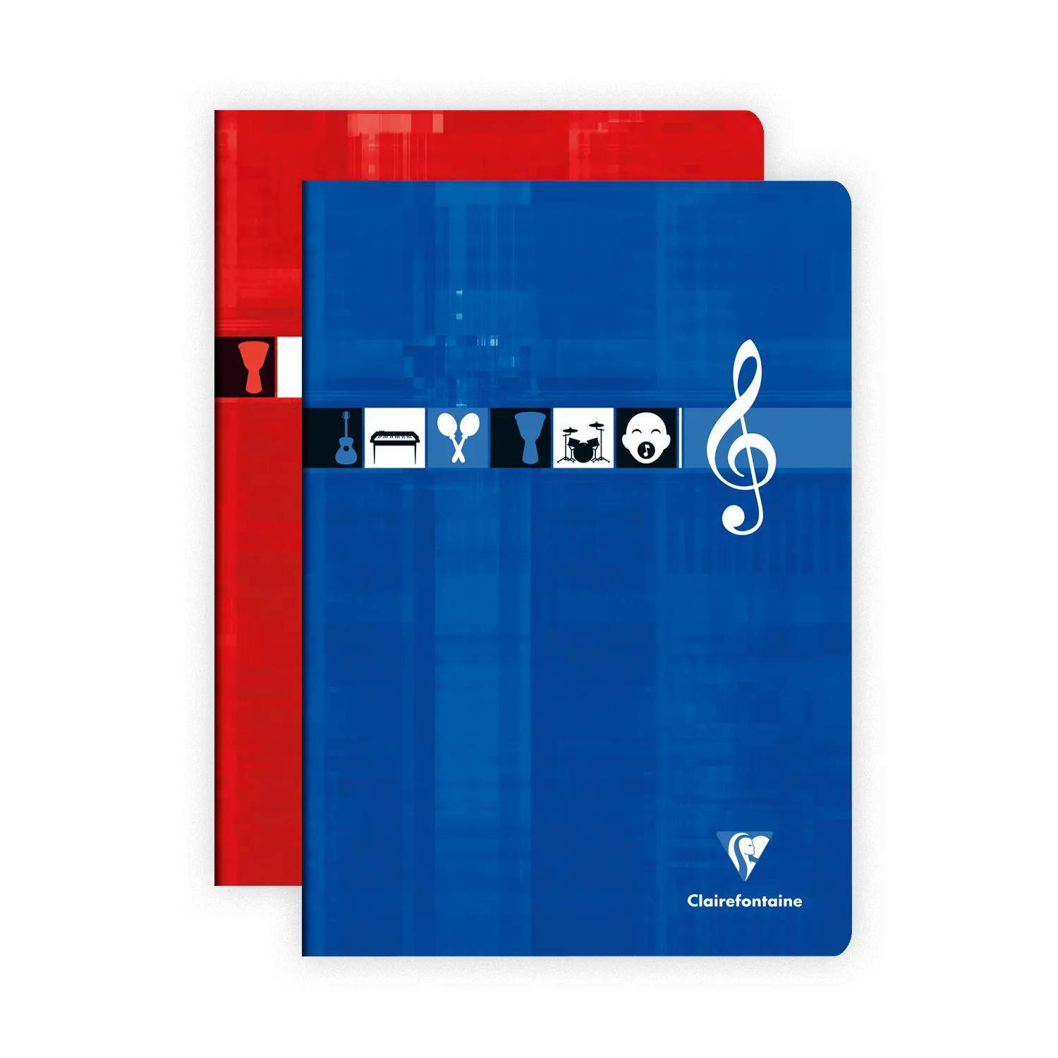 Zwei überlappende Notizbuchcover, eines blau mit einem großen Notenschlüssel und Musiksymbolen, eines rotes dahinter mit einem Stiftsymbol; Clairefontaine-Logo auf dem blauen Cover.