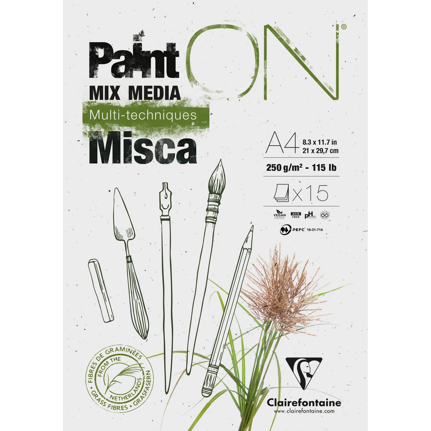 Clairefontaine 4x PaintON Misca, Block A4 15 Blatt 250g, Mixed Media 976121C