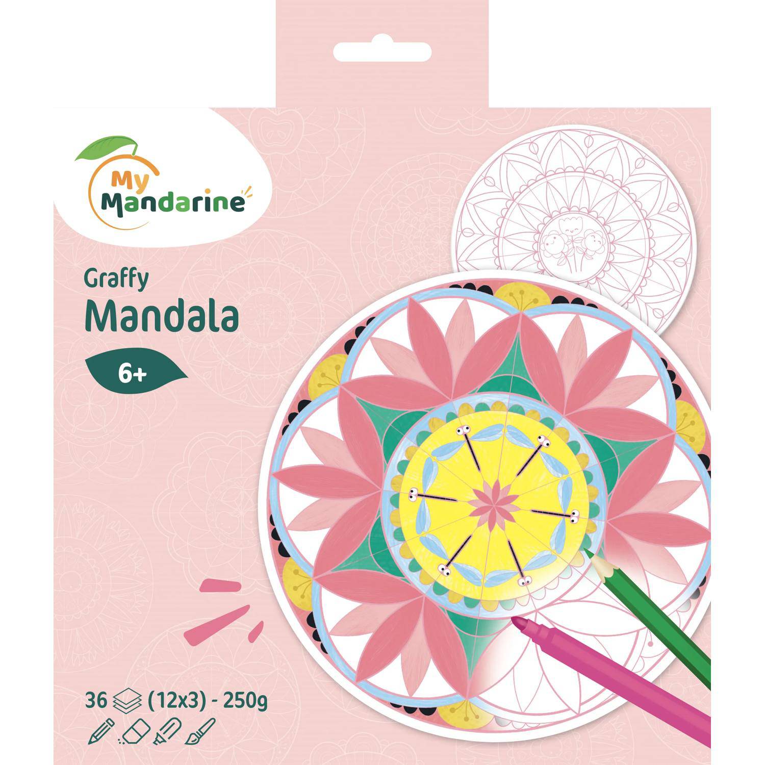 Verpackung für mein Mandarine Graffy Mandala Malset, ab 6 Jahren, mit zwei Buntstiften und 36 Blättern (12x3).