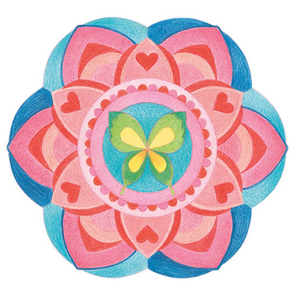 Bunte Mandala-ähnliche Blume mit rosa Blütenblättern, roten Herzen und einem gelbgrünen Schmetterling in der Mitte auf weißem Hintergrund.