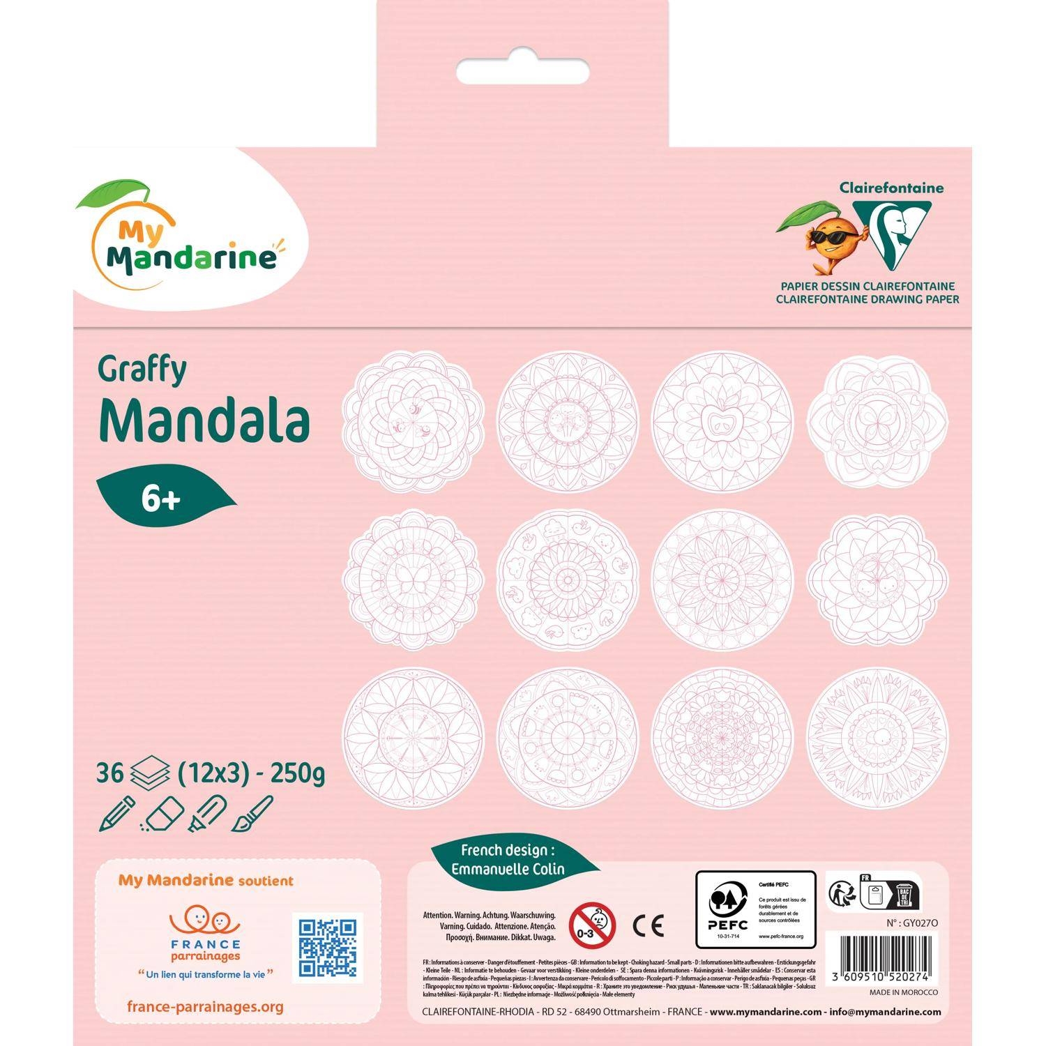 Rosa "My Mandarine Graffy Mandala"" Zeichenpapierblock für Kinder ab 6 Jahren mit 12 Mandala-Ausmaldesigns, 36 Blatt, 250 g, französisches Design.
