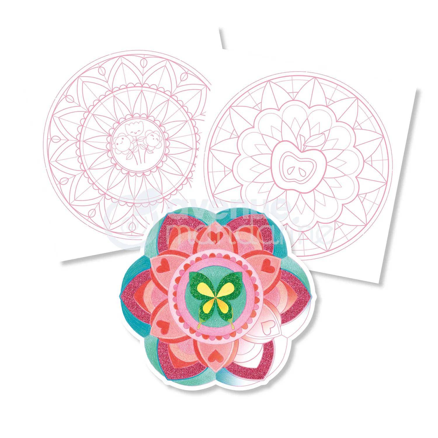 Zwei rosa Mandala-Vorlagen auf weißem Papier mit einem farbenfrohen fertiggestellten blumenähnlichen Mandala-Overlay davor.