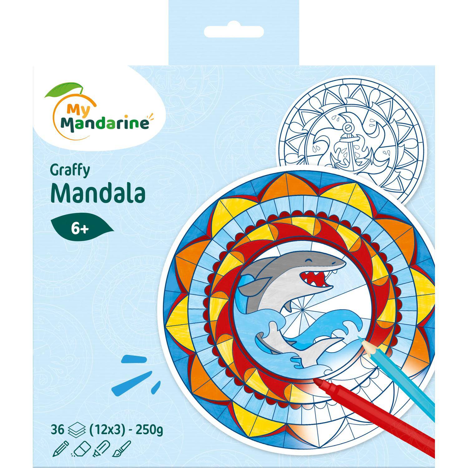 Mein Mandarine Graffy Mandala Malset, ab 6 Jahren, mit einer kreisförmigen Illustration eines Hais und Delfins im Mandala-Stil und farbigen Stiften mit teilweise gefärbten Bereichen.