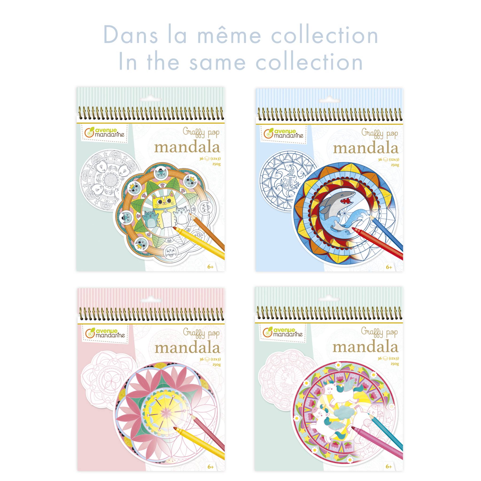 Vier farbige spiralgebundene "Mandala""-Malbücher aus der gleichen Kollektion, gezeigt in grünen, blauen, rosa und mintgrünen Designs.