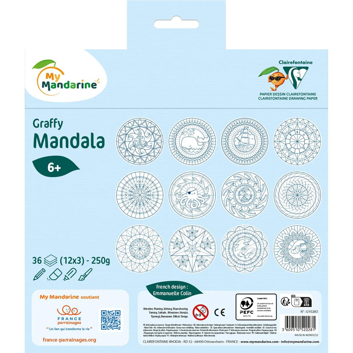 Verpackung für „Graffy Mandala" von My Mandarine, ab 6 Jahren, mit 12 Mandala-ähnlichen Färbedesigns auf 36 Seiten aus 250g Papier.
