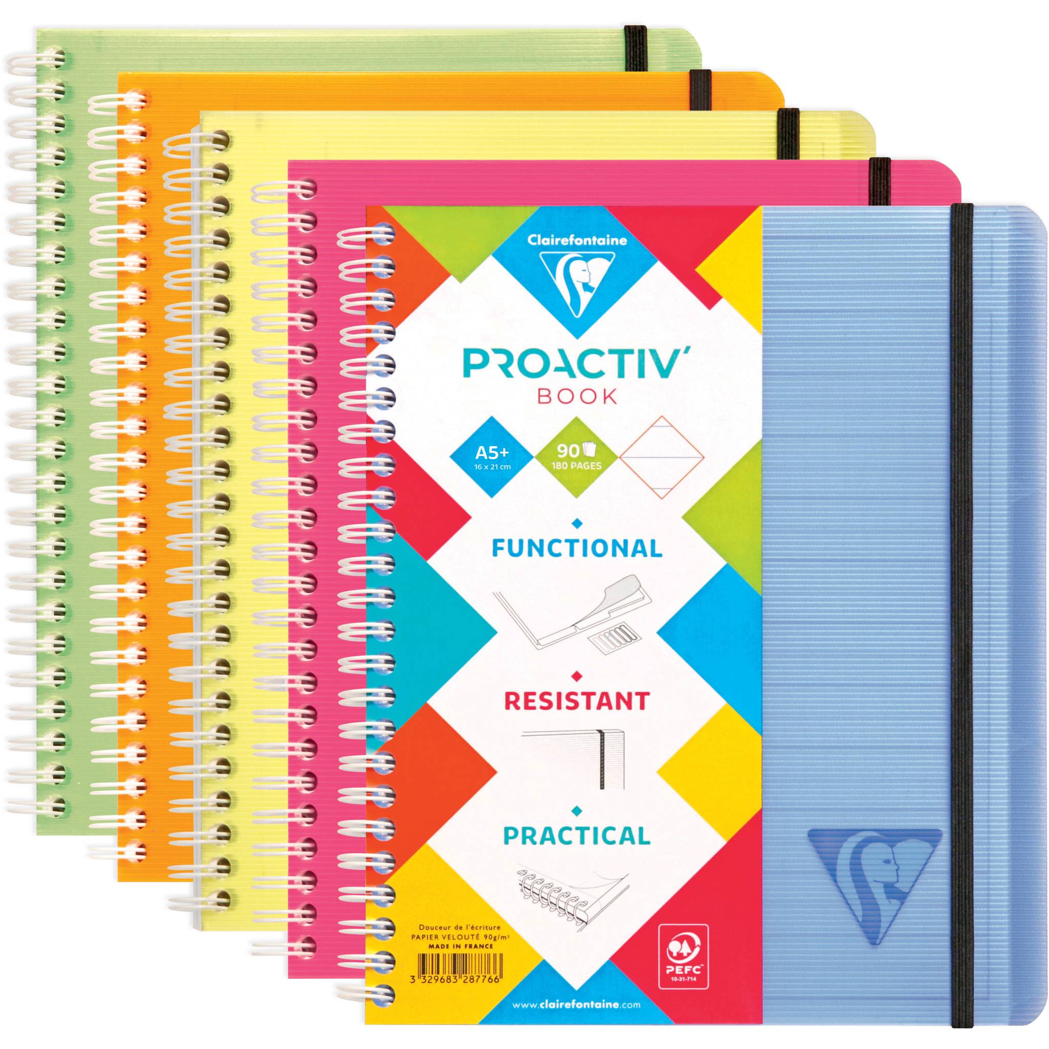 Clairefontaine 5x PROACTIV'BOOK 16x21cm 80 Blatt liniert sortiert 328776C