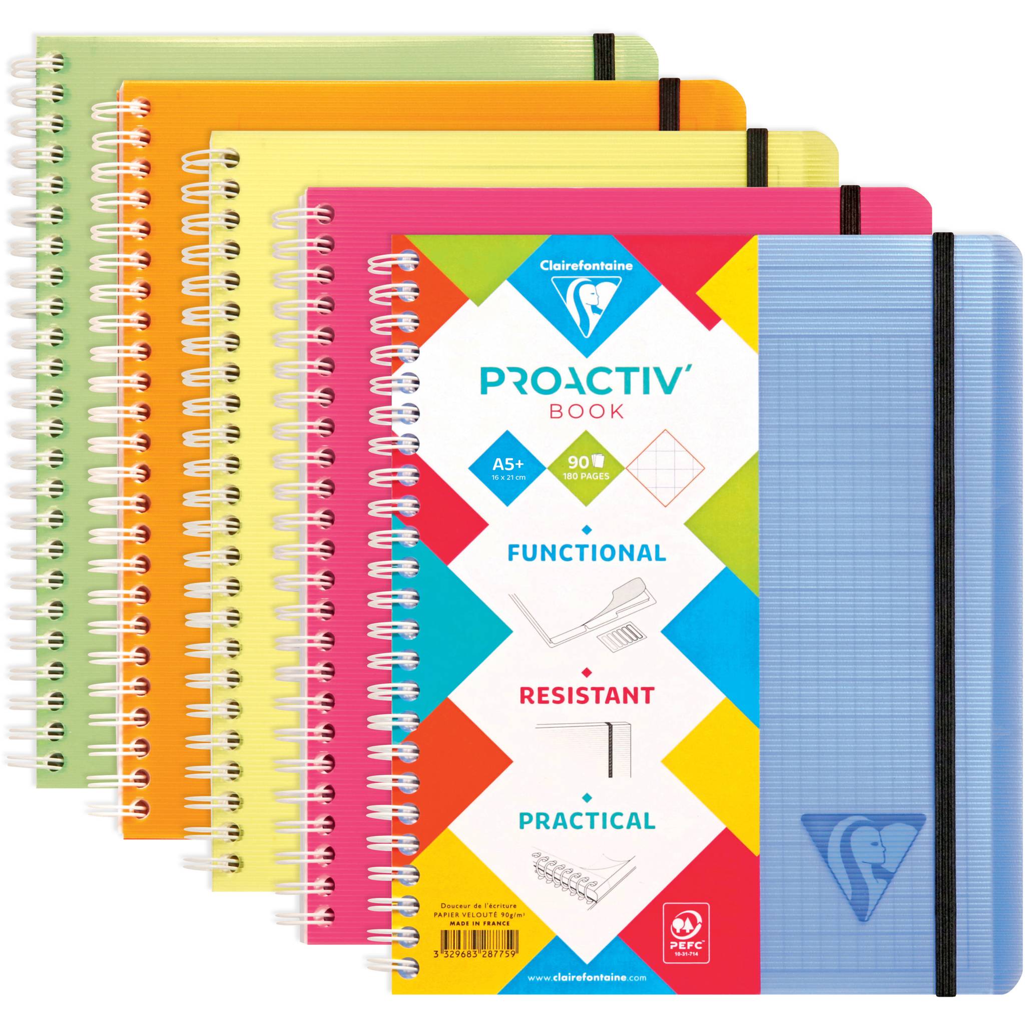 Clairefontaine 5x PROACTIV'BOOK 16x21cm 80 Blatt kariert sortiert 328775C