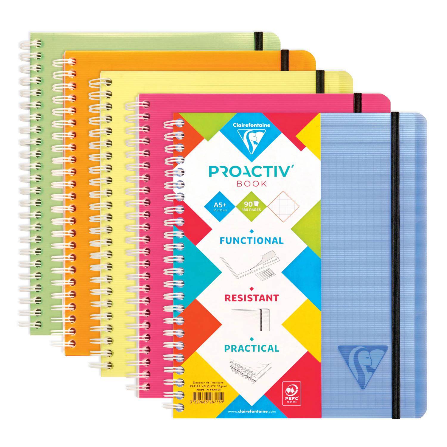 Clairefontaine 5x PROACTIV'BOOK 16x21cm 80 Blatt kariert sortiert 328775C