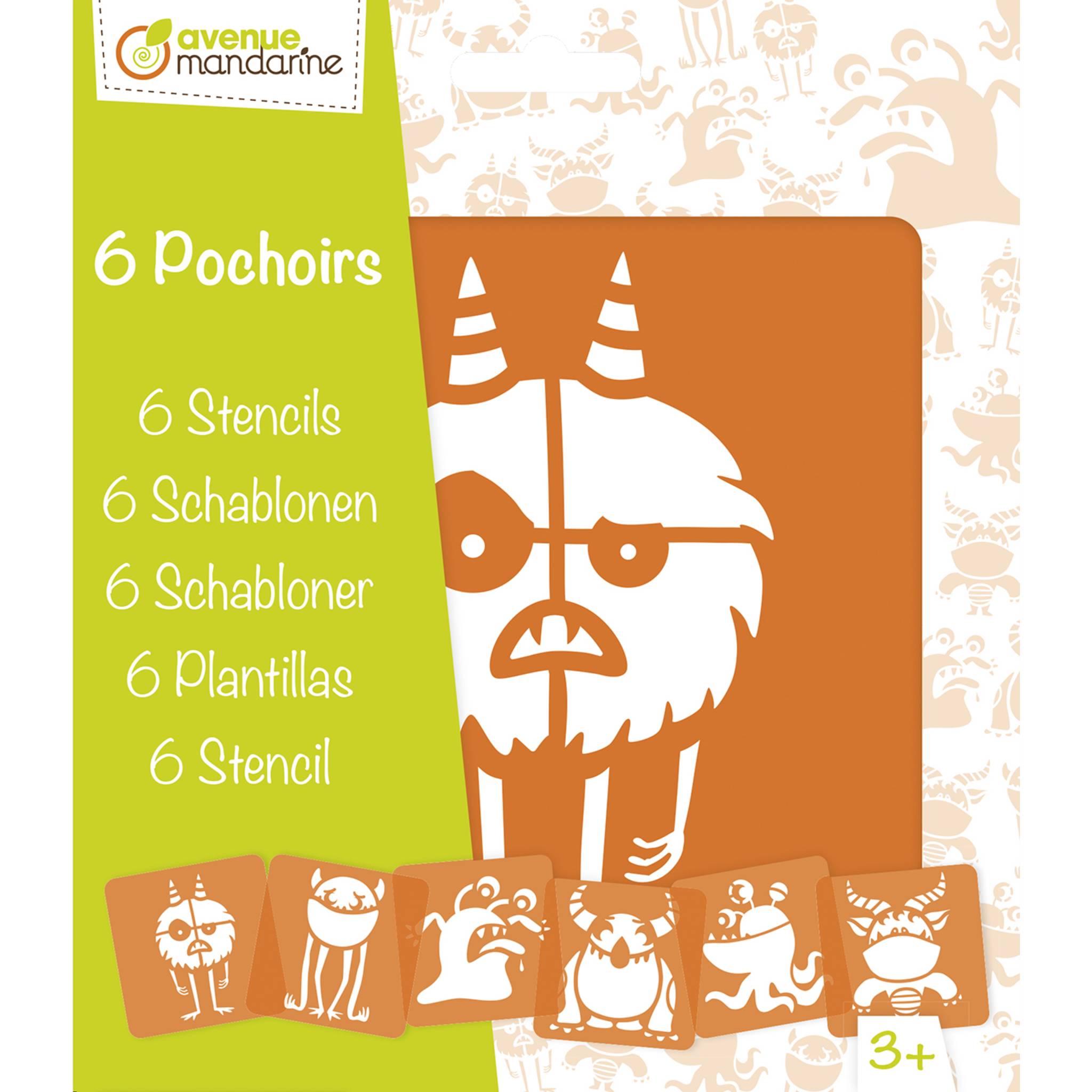 Avenue Mandarine 3x 6-teiliges Schablonenset für Kinder, Monster - Orange PO011C