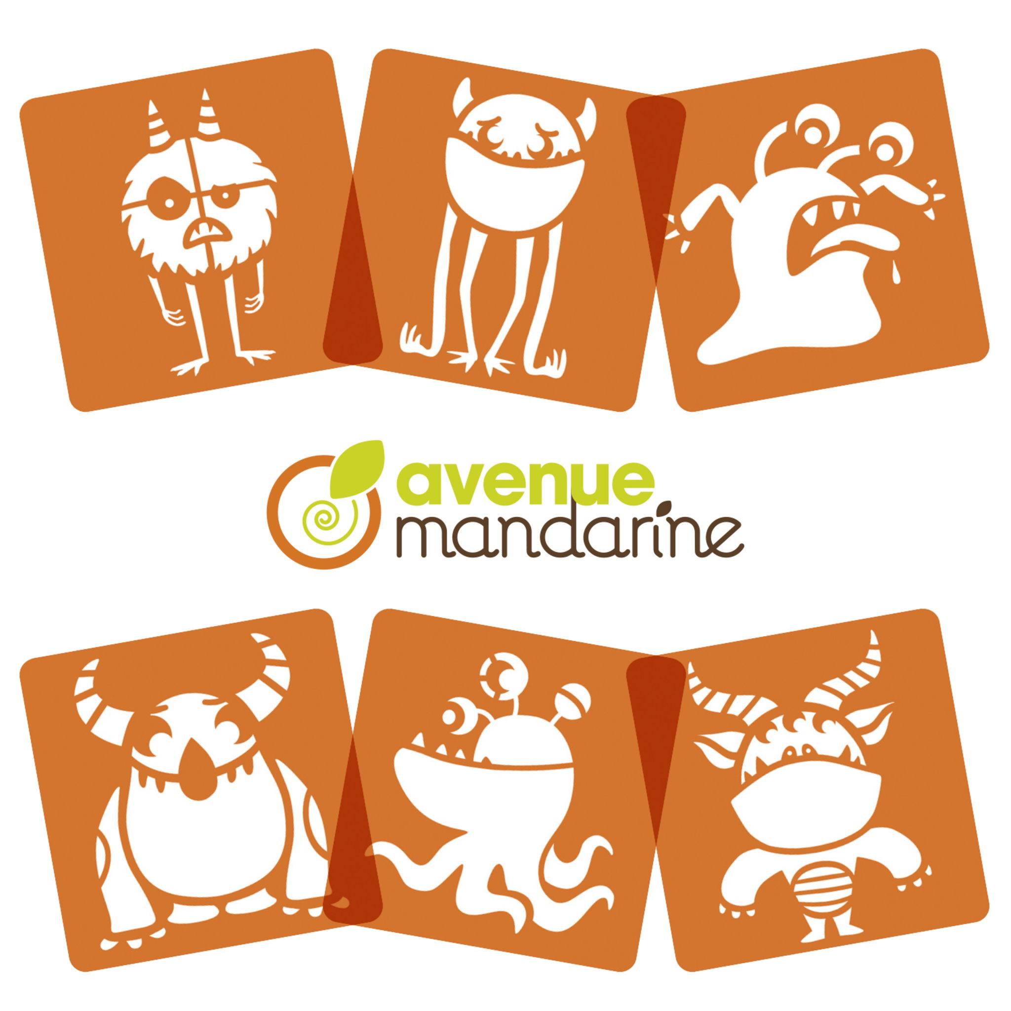 Avenue Mandarine 3x 6-teiliges Schablonenset für Kinder, Monster - Orange PO011C