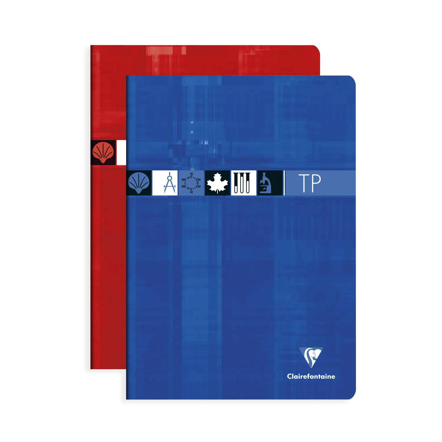 Zwei sich überlappende Notizbücher, eines blau vorne und eines rot dahinter, mit einem horizontalen Streifen aus kleinen Symbolen und dem Logo 