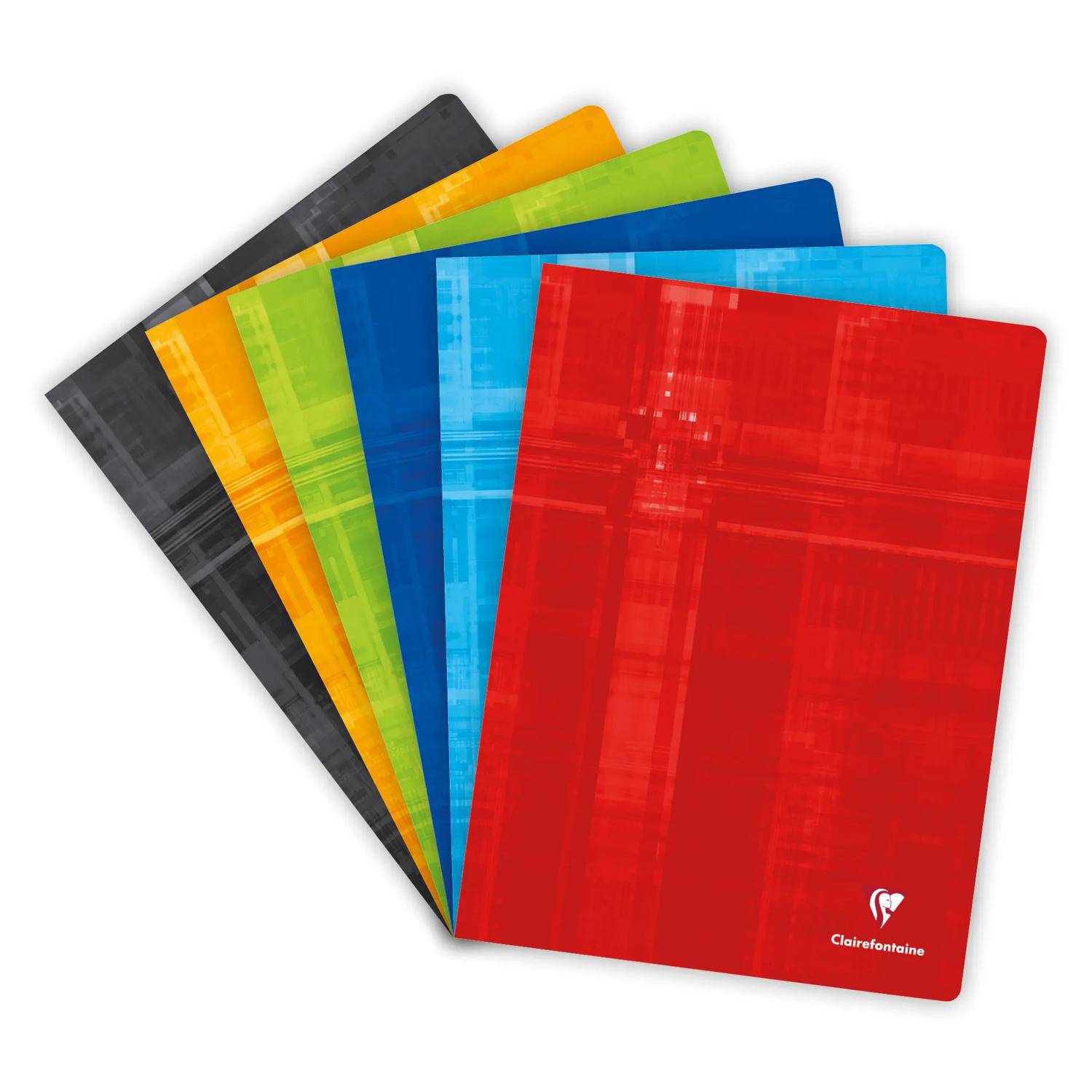 Stapel von durchsichtigen Kunststoff-Schneidebrettern oder Untersetzer in Schwarz, Orange, Grün, Blau, Hellblau und Rot, fächerförmig auf weißem Hintergrund angeordnet.
