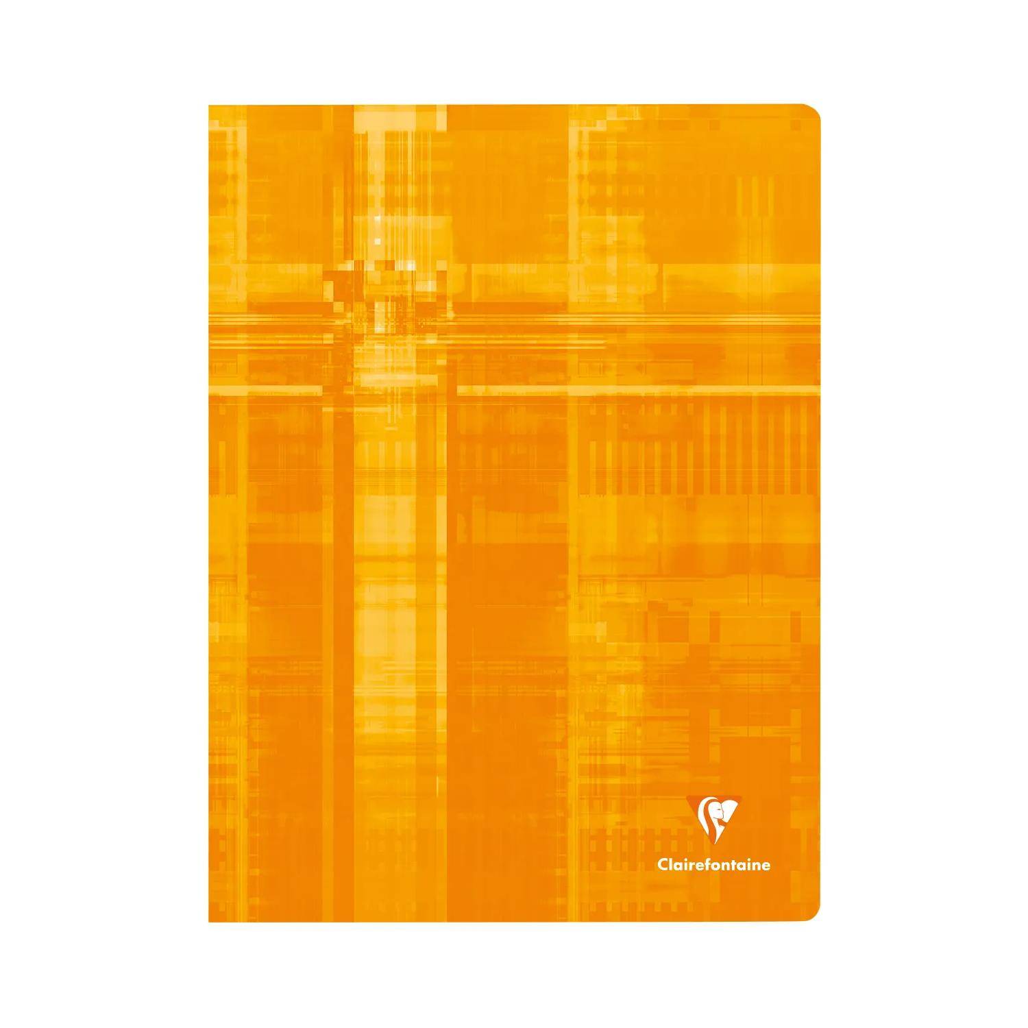 Orange Clairefontaine Notizbucheinband mit abstraktem geometrischem Muster und kleinem weißem Logo unten rechts.