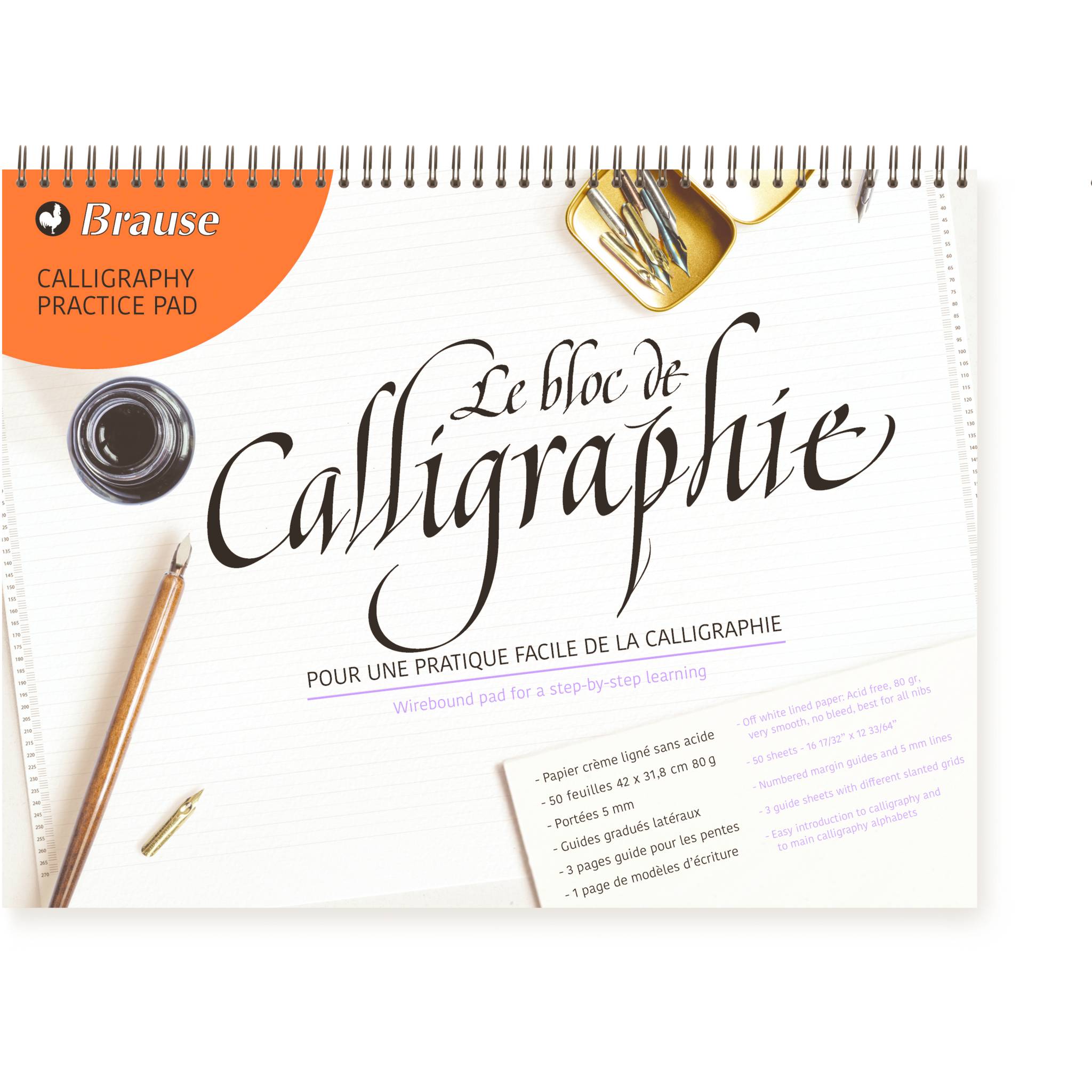 Brause 5x Kalligrafielernblock A3, 50 Bl liniert creme 90g, FR/ENG Creme 96442B