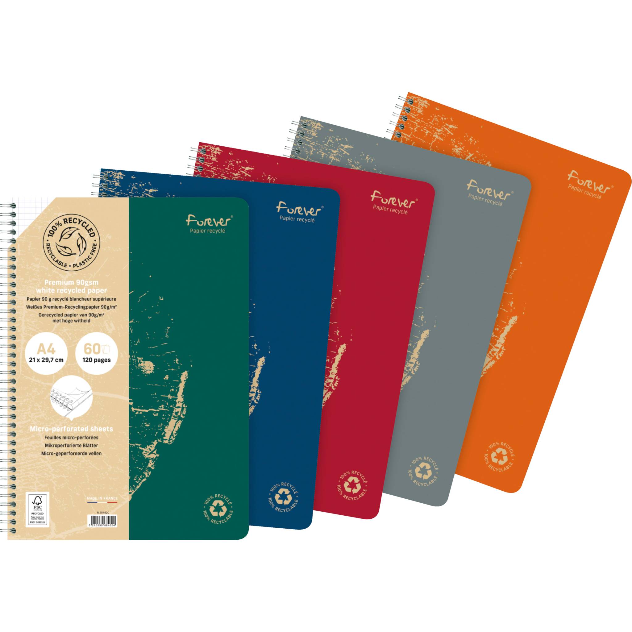 Forever 5x Spiralheft A4 100% recycelt, 60 Bl kariert, 90g - Sortiert 68402C