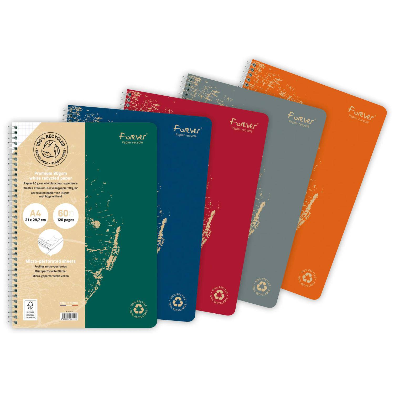 Forever 5x Spiralheft A4 100% recycelt, 60 Bl kariert, 90g - Sortiert 68402C